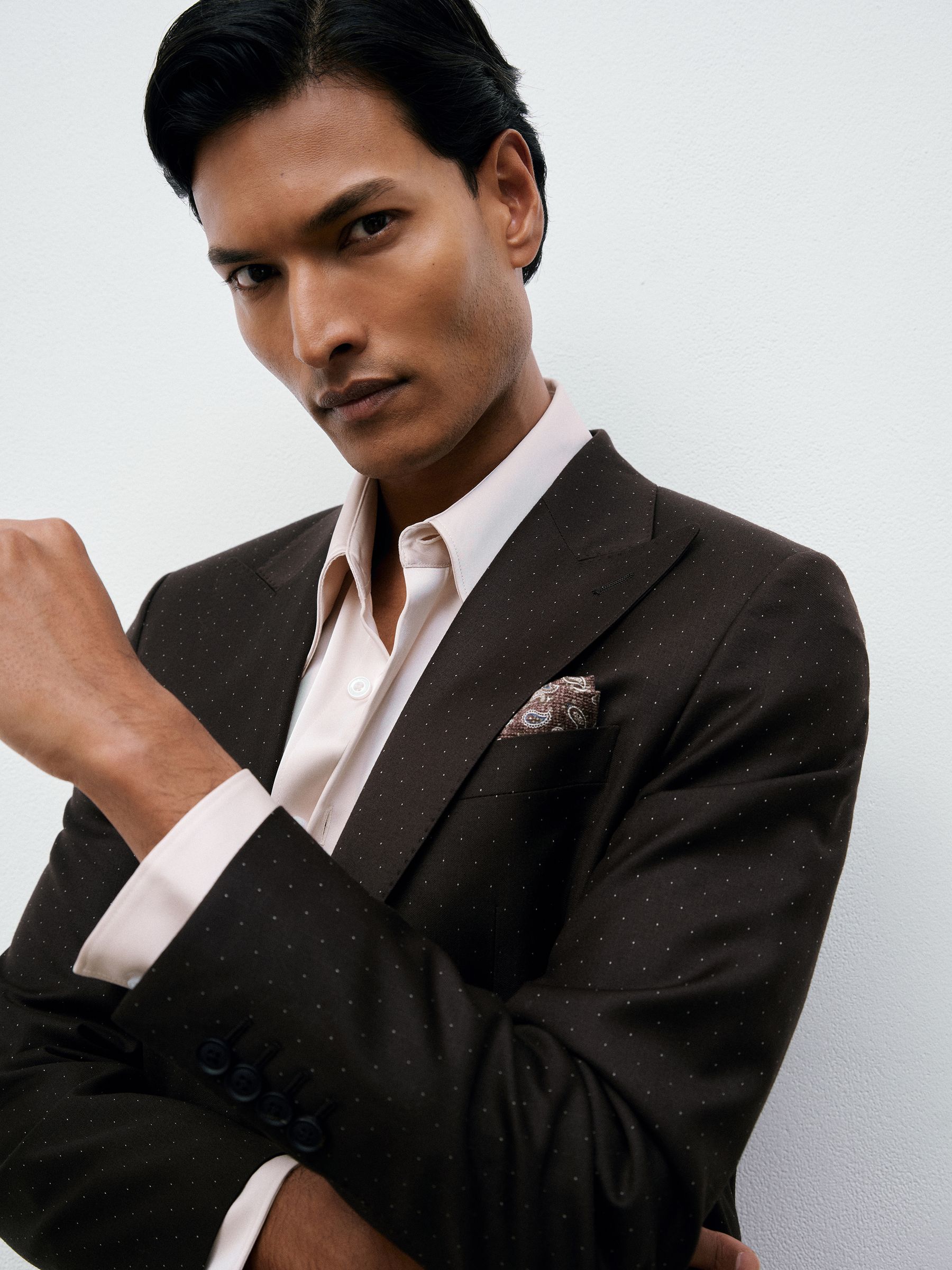 Single-Breasted Polka-Dot Blazer Tailored-Fit Wool-Blend in Brown