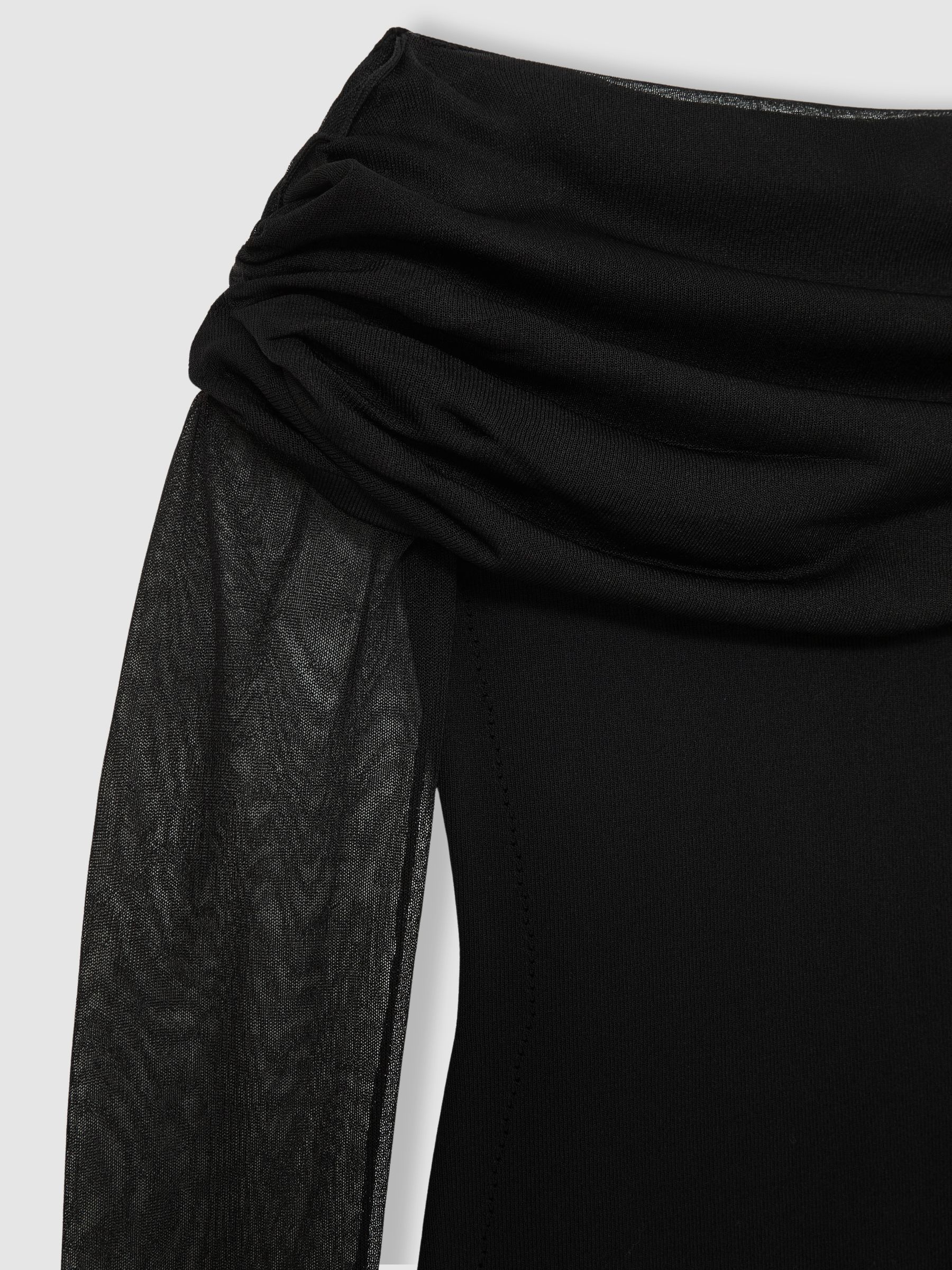 Sheer-Sleeve Knit Midi Dress in Black