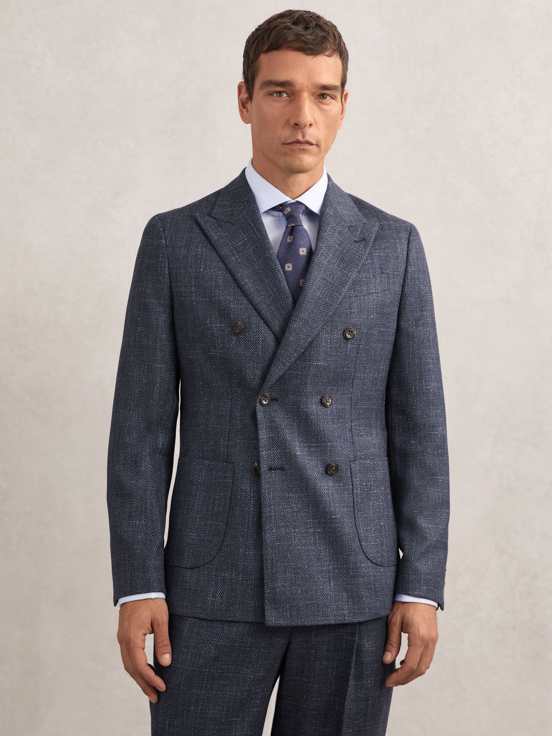 Double-Breasted Herringbone Blazer Slim-Fit Wool-Blend in Navy