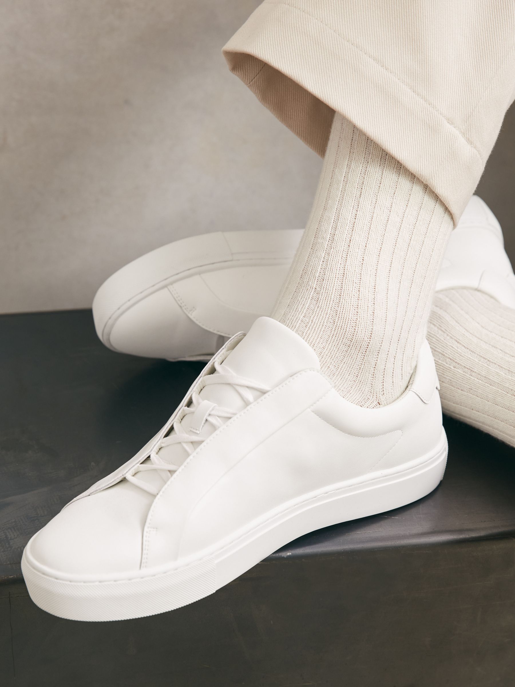 Bonded-Leather Concealed-Lace Trainers in White