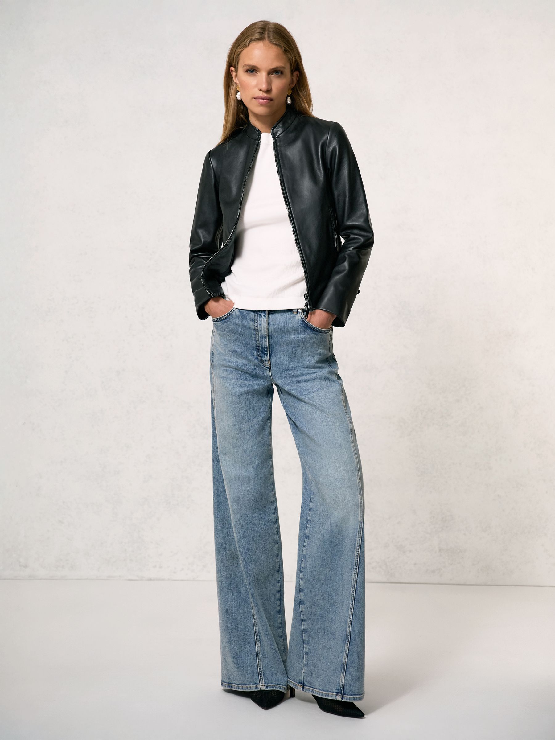 Petite Leather Collarless Biker Jacket in Black