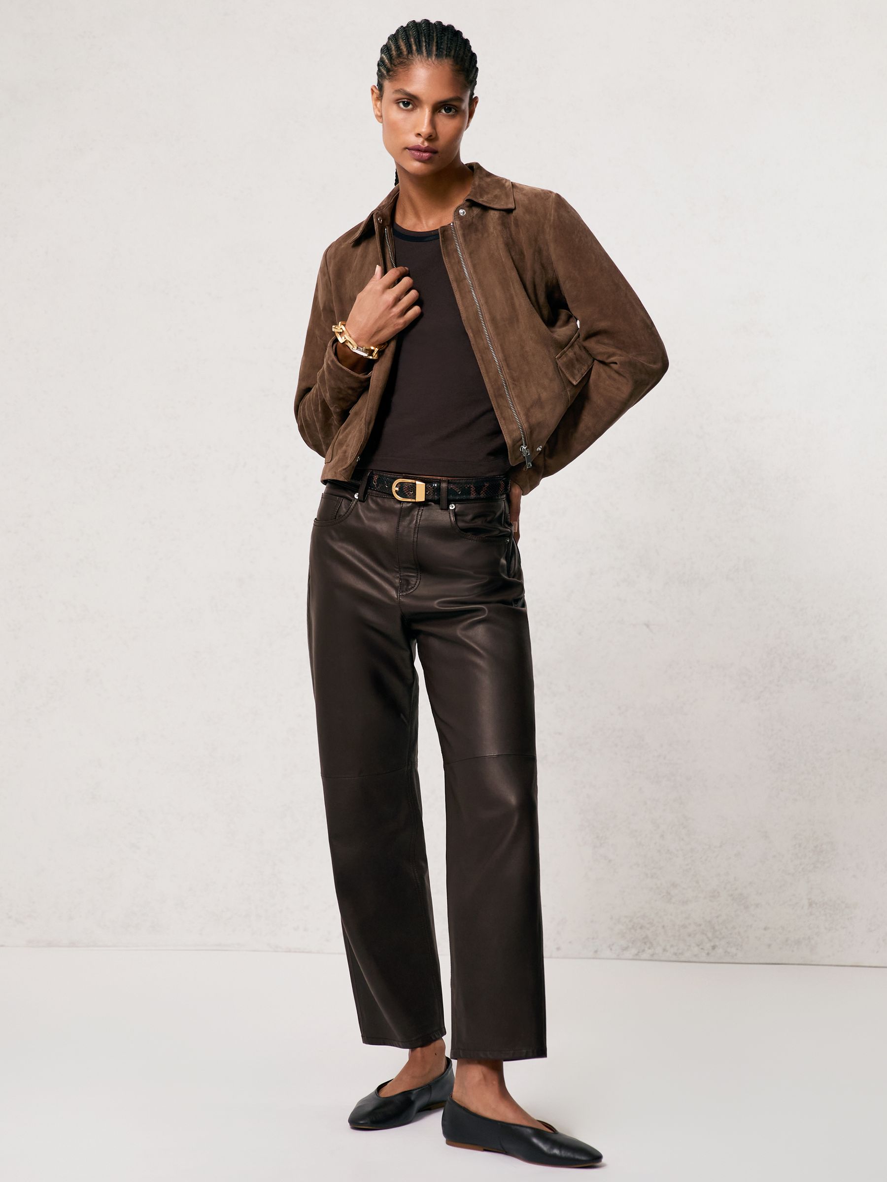 Leather Slim-Leg Trousers in Chocolate