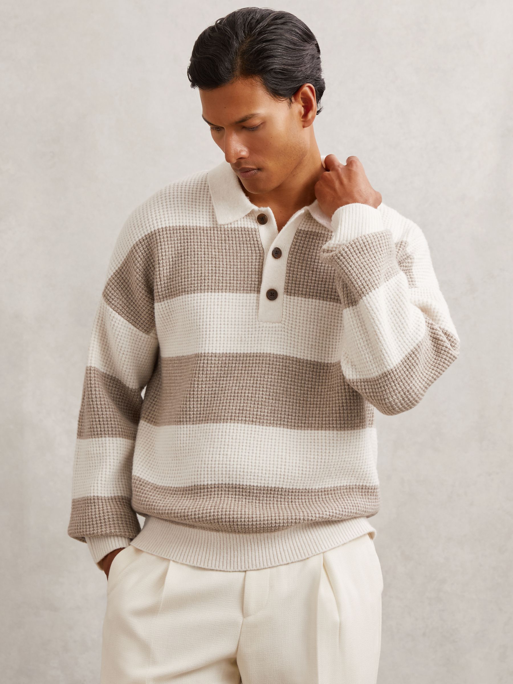 Waffle-Knit Stripe Half-Button Jumper with Wool in Off White/Putty