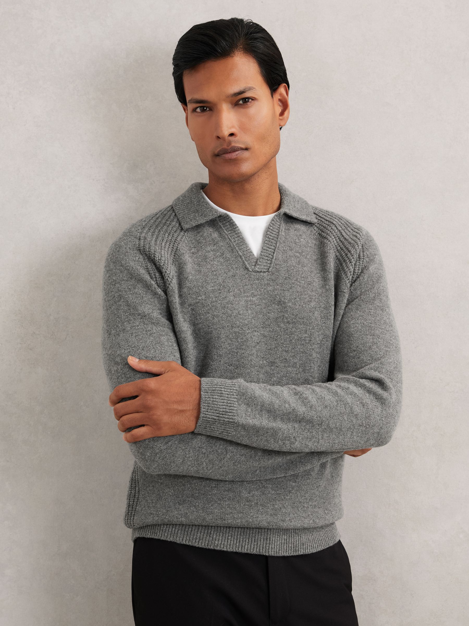 Wool-Cashmere Open-Collar Jumper in Mid Grey Melange