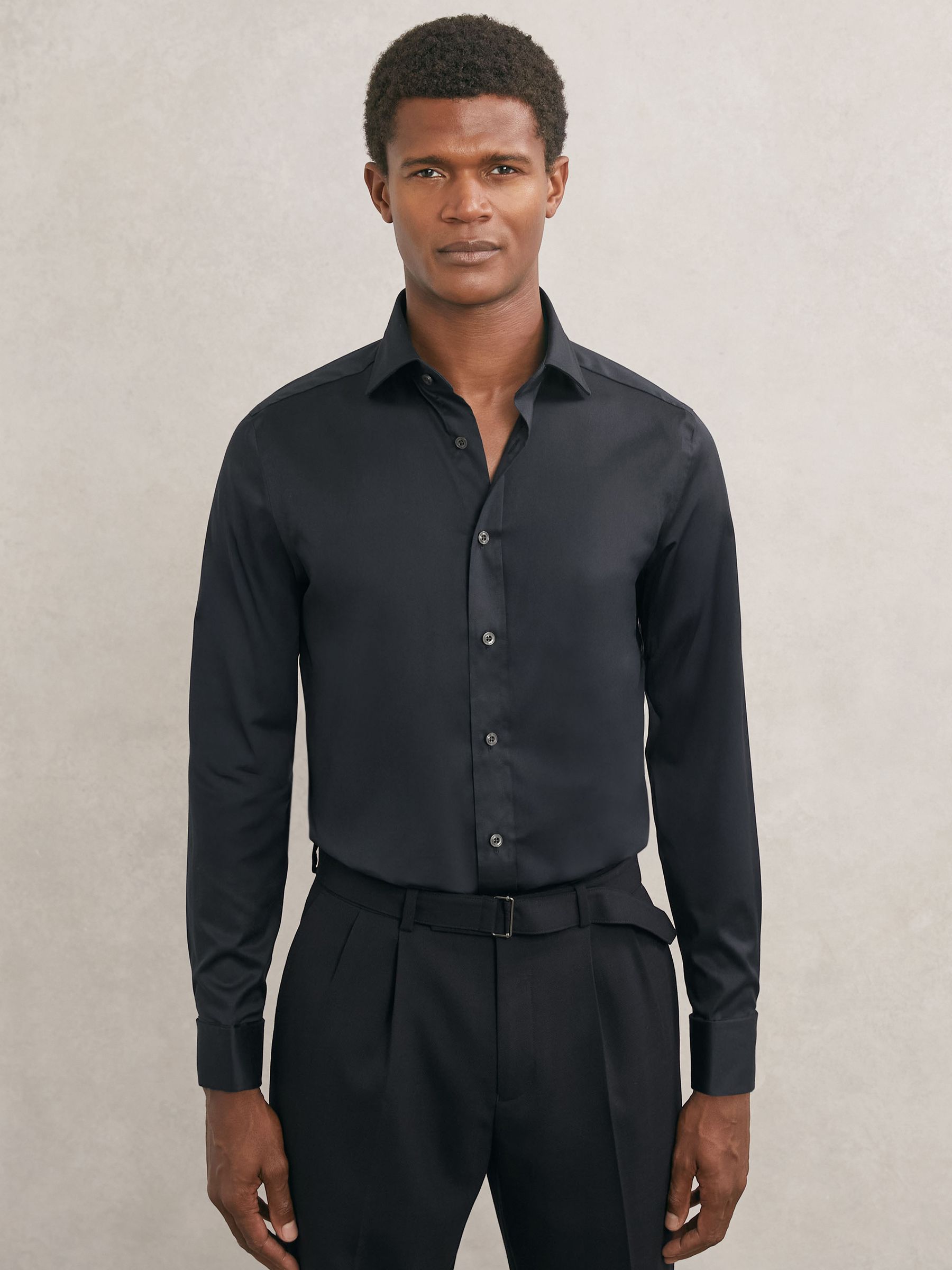 Regular Fit Stretch Double-Cuff Shirt Cotton-Blend in Navy
