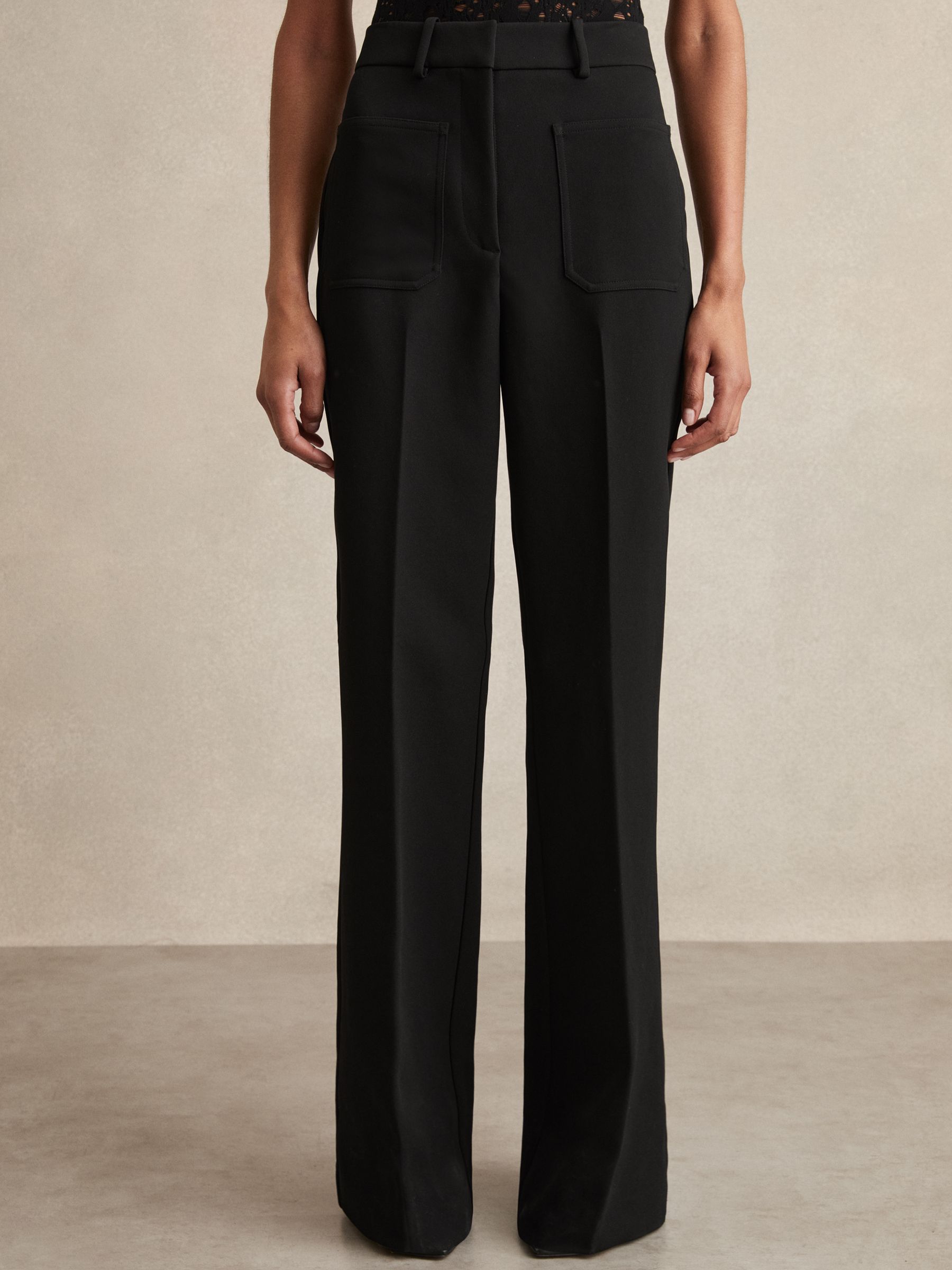 Petite Twill Patch-Pocket Flared Trousers in Black