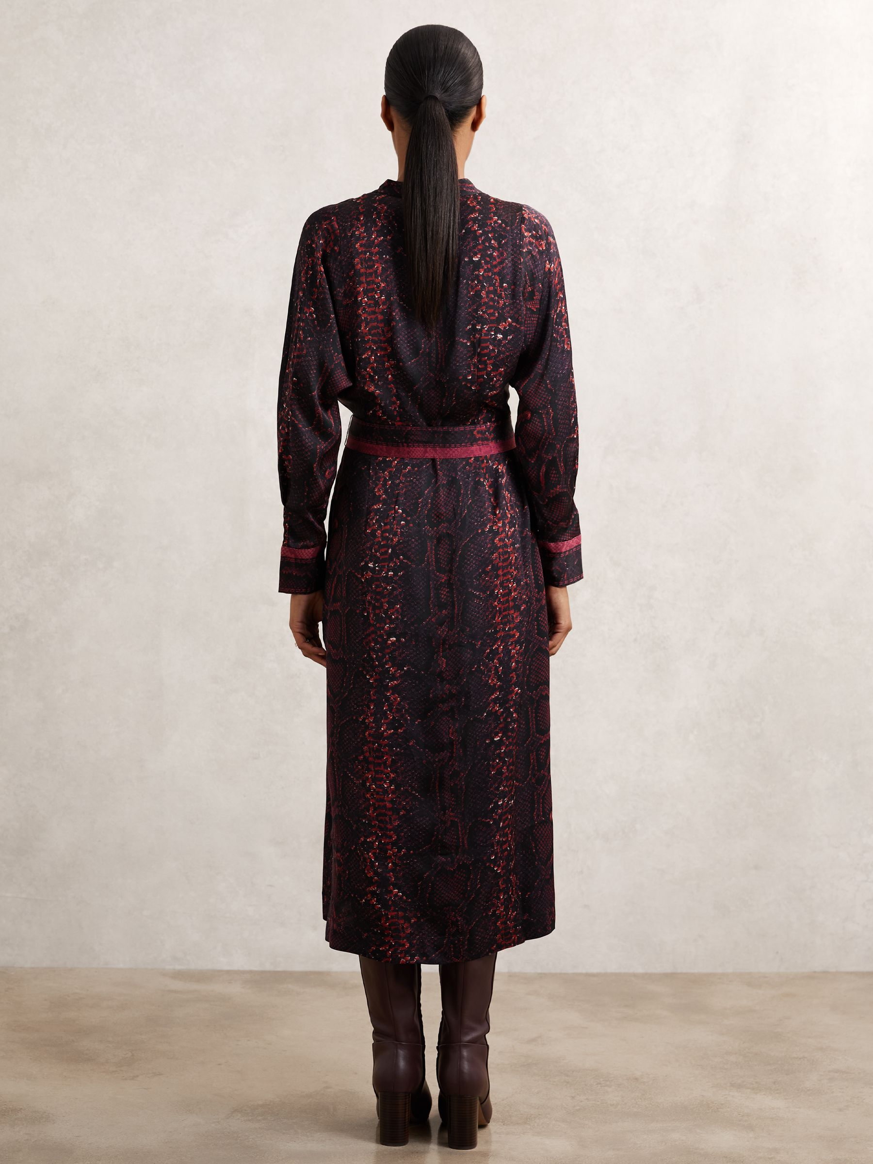 Snake-Print Belted Shirt Dress in Burgundy/Black