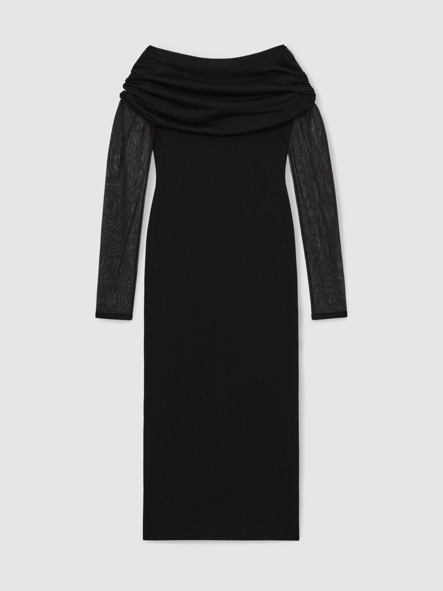 Sheer-Sleeve Knit Midi Dress in Black