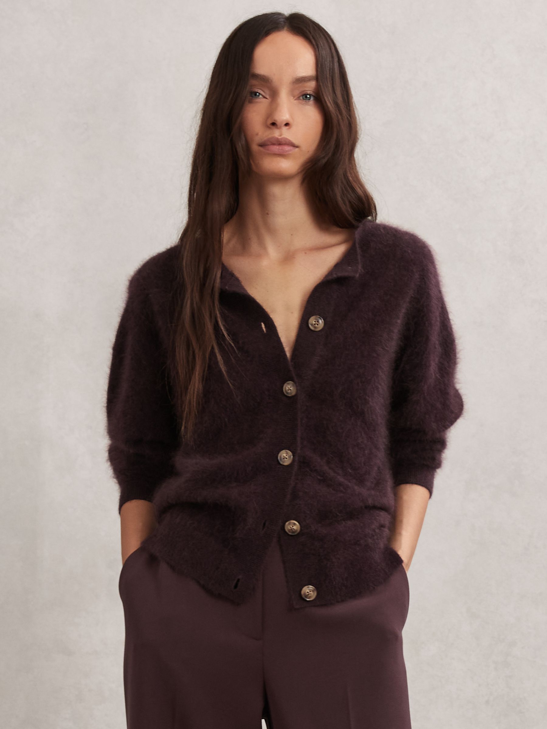 100% Brushed Cashmere Cardigan in Burgundy