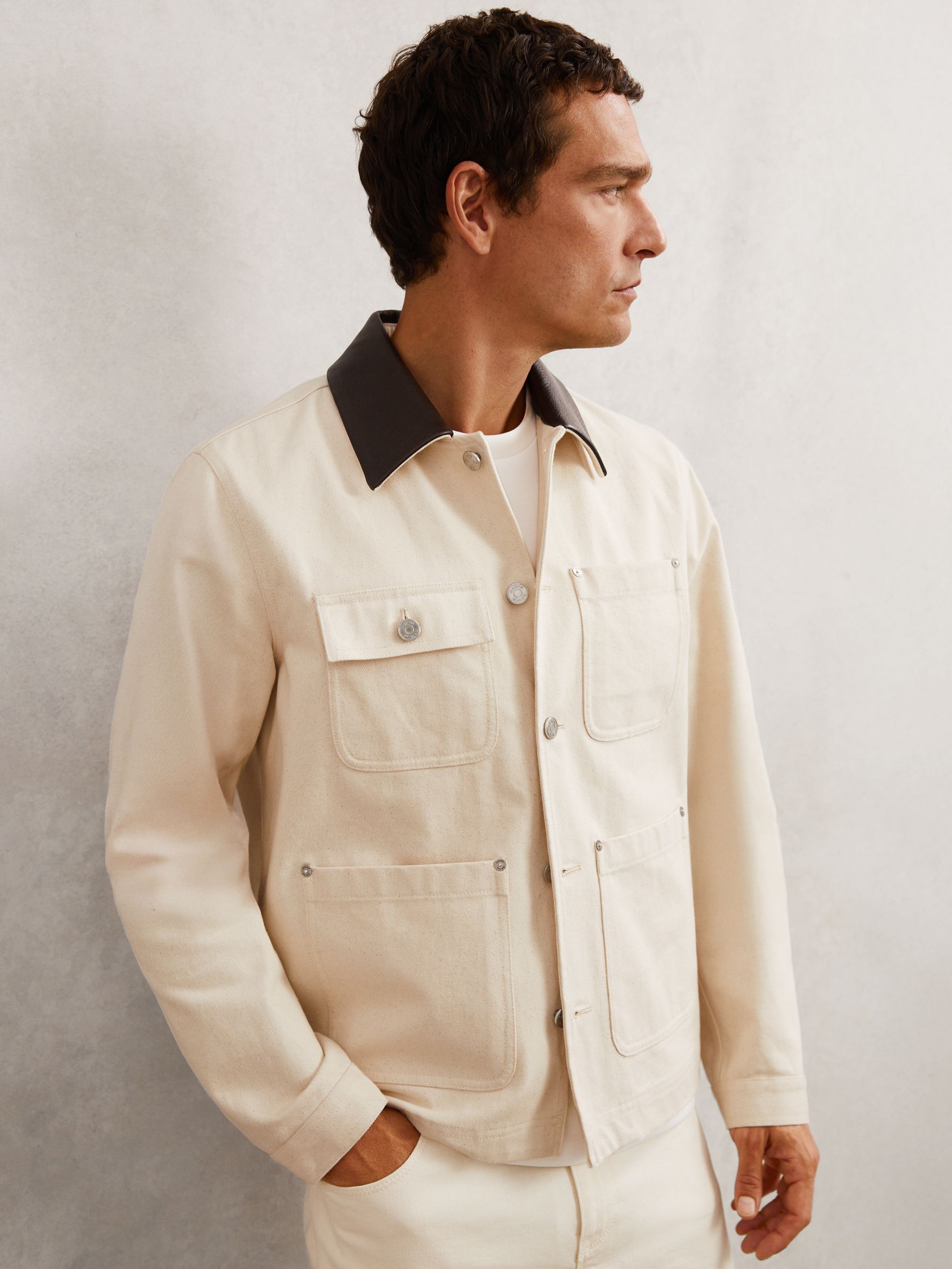 Denim Leather-Collar Worker Jacket in Off White