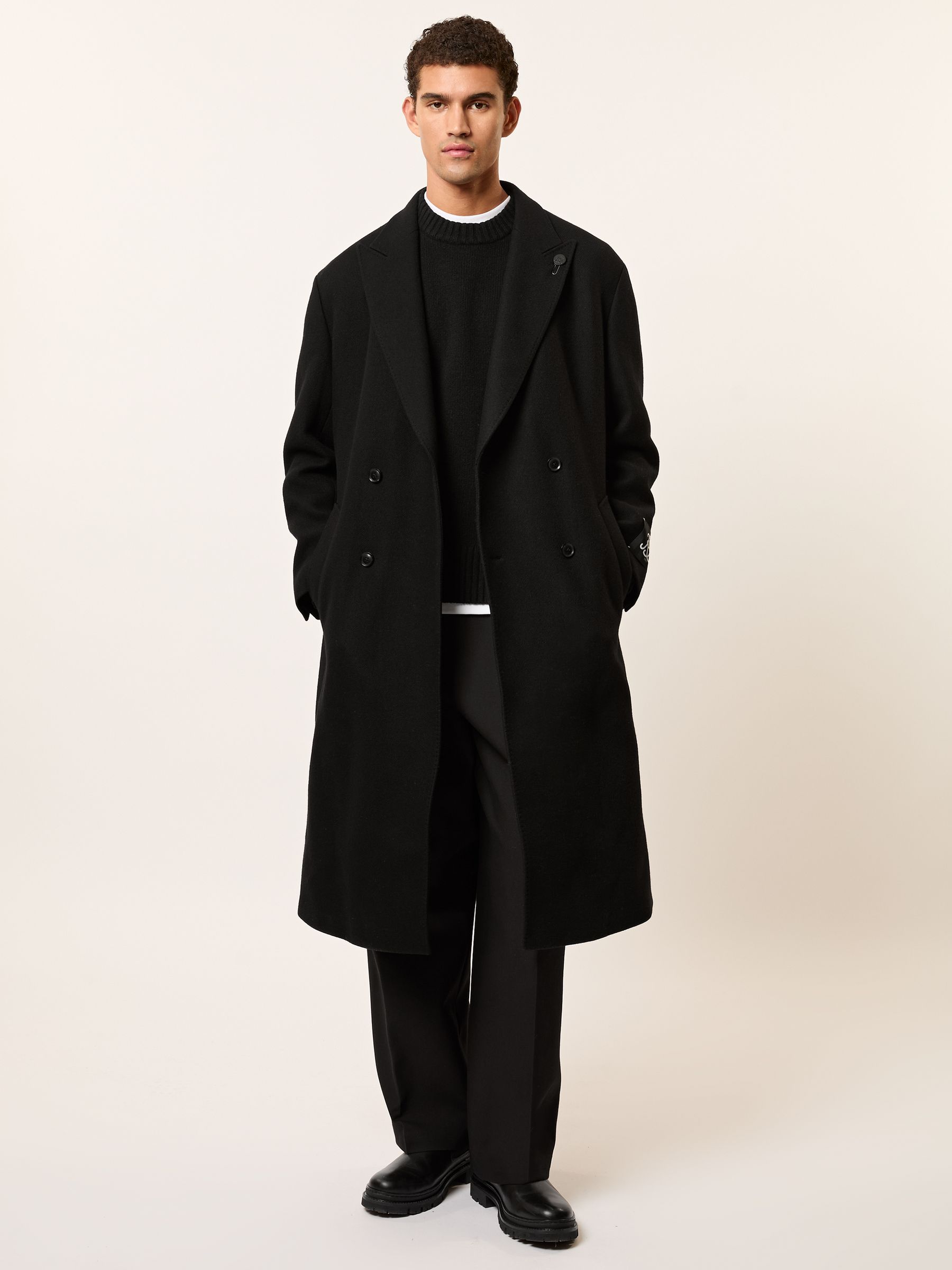 Monogram Long Double-Breasted Coat Wool-Blend in Black