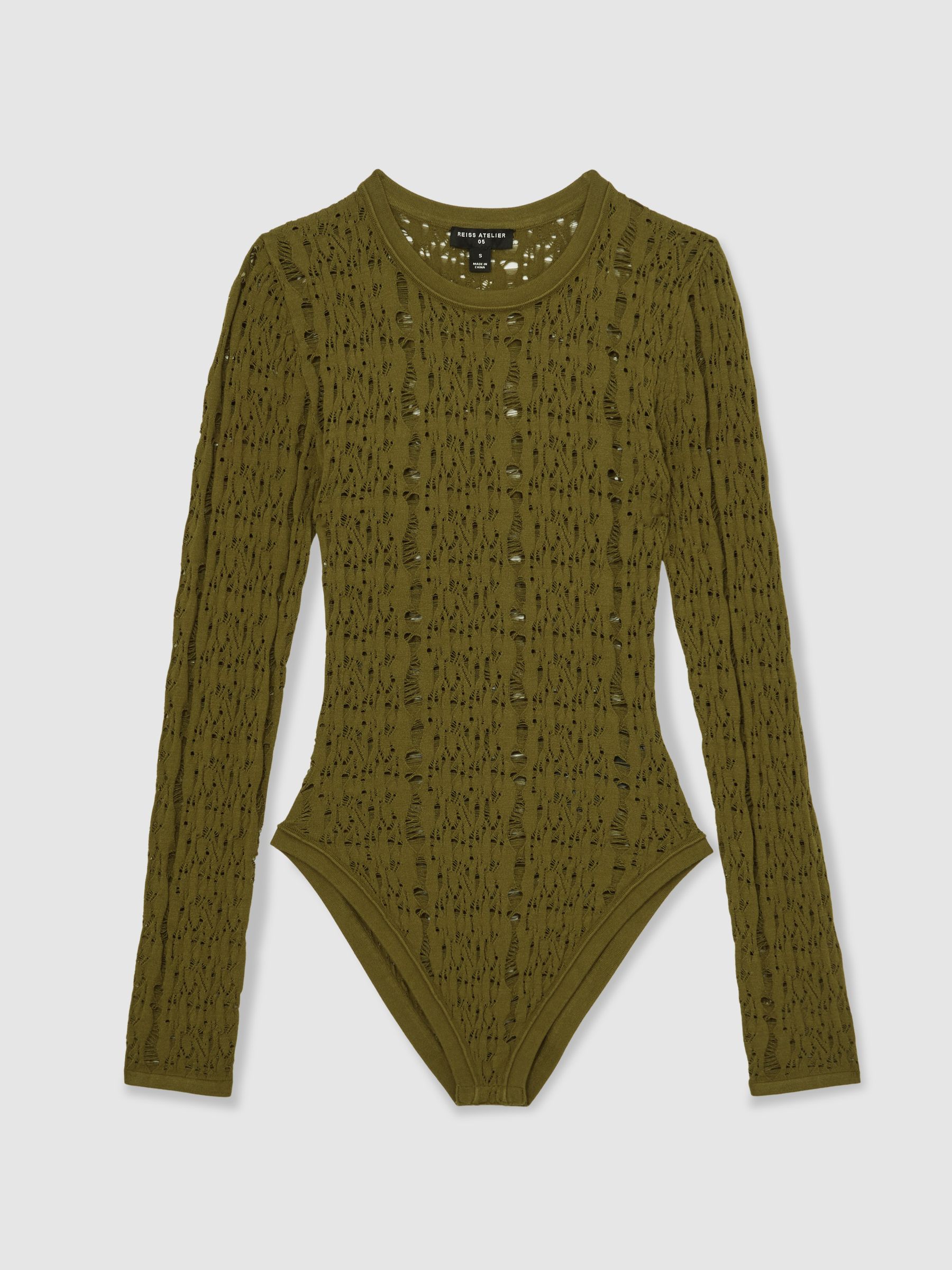 Atelier Lace-Knit Long-Sleeve Bodysuit in Green