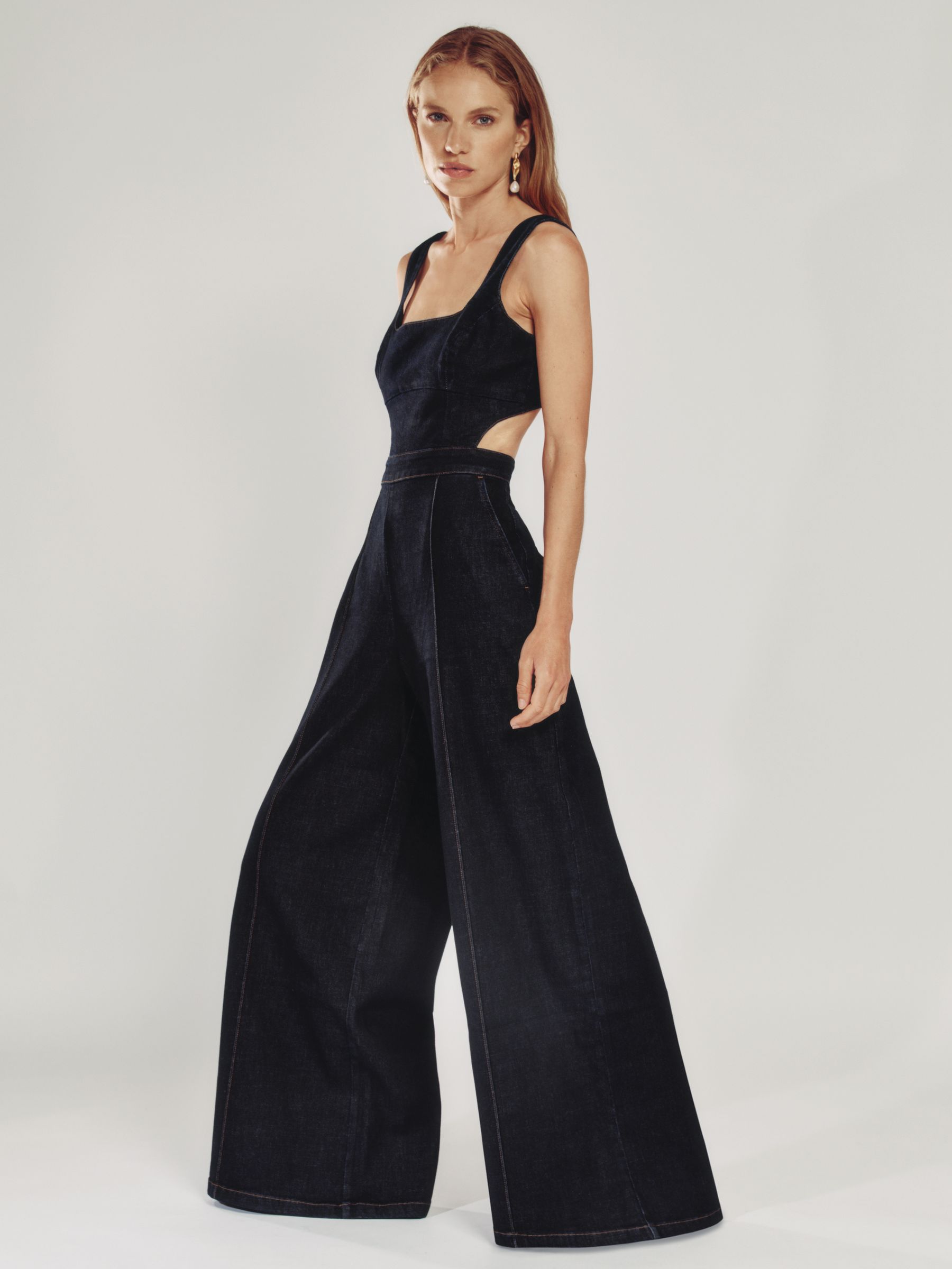 Wide-Leg Cut-Out Denim Jumpsuit in Dark Blue