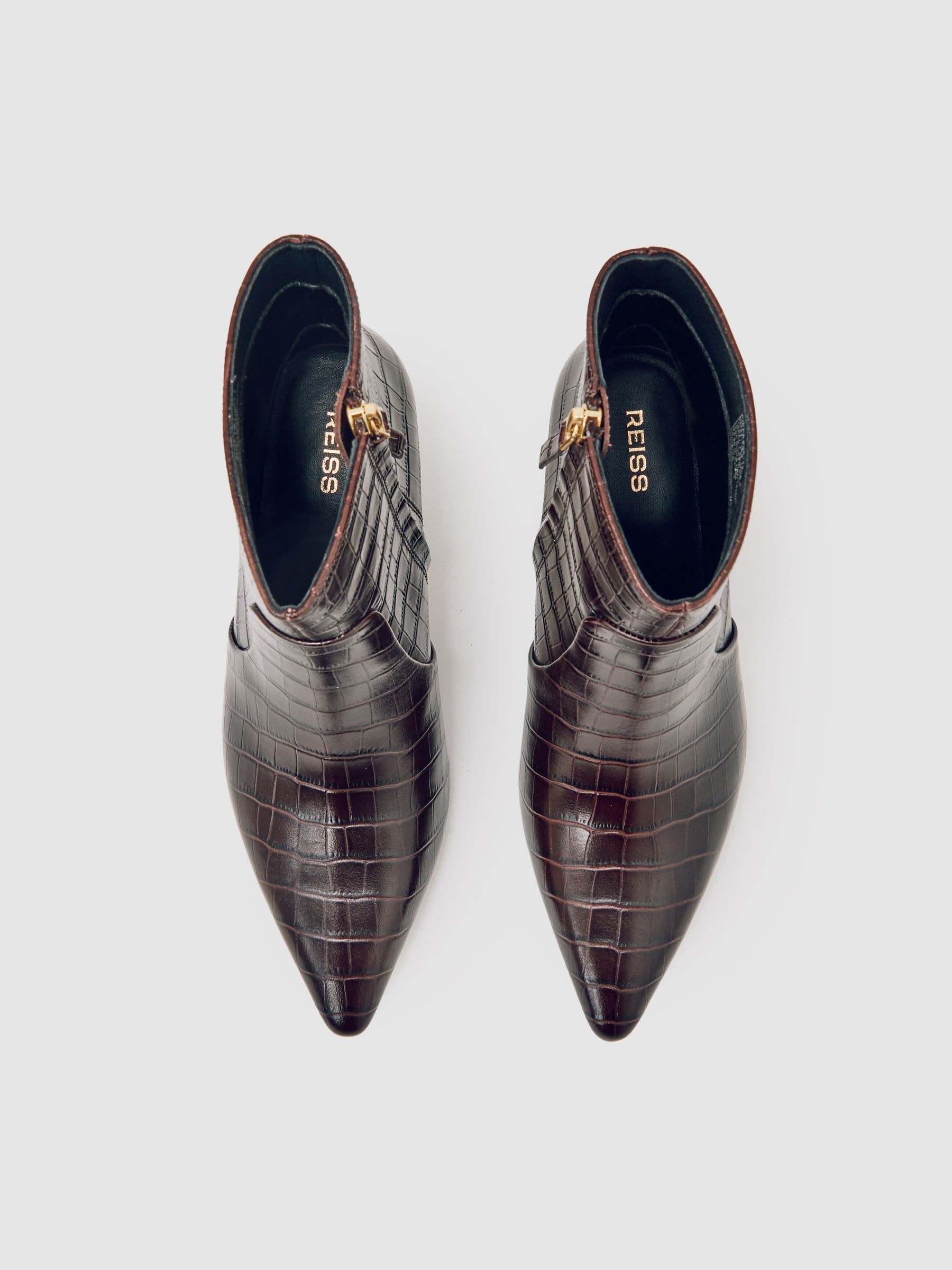 Leather Crocodile-Effect Ankle Boots in Burgundy