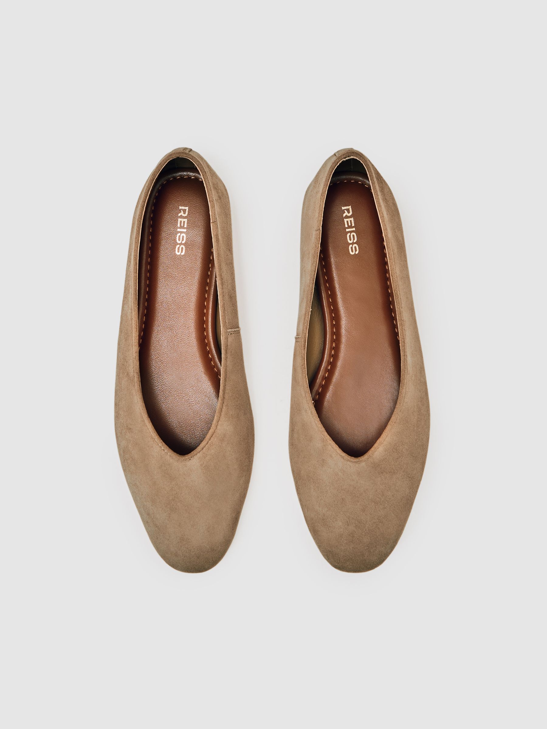 Leather Rounded-Point Toe Ballet Flats in Taupe
