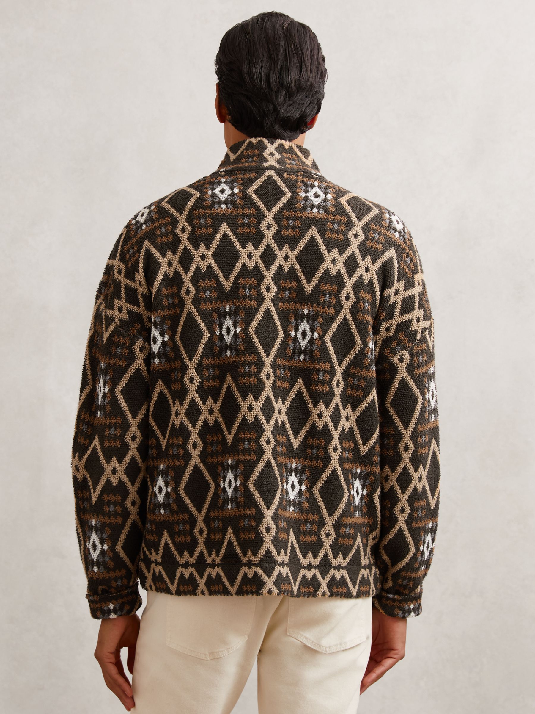 Geometric Fair Isle Zip-Through Jumper with Wool in Brown Multi