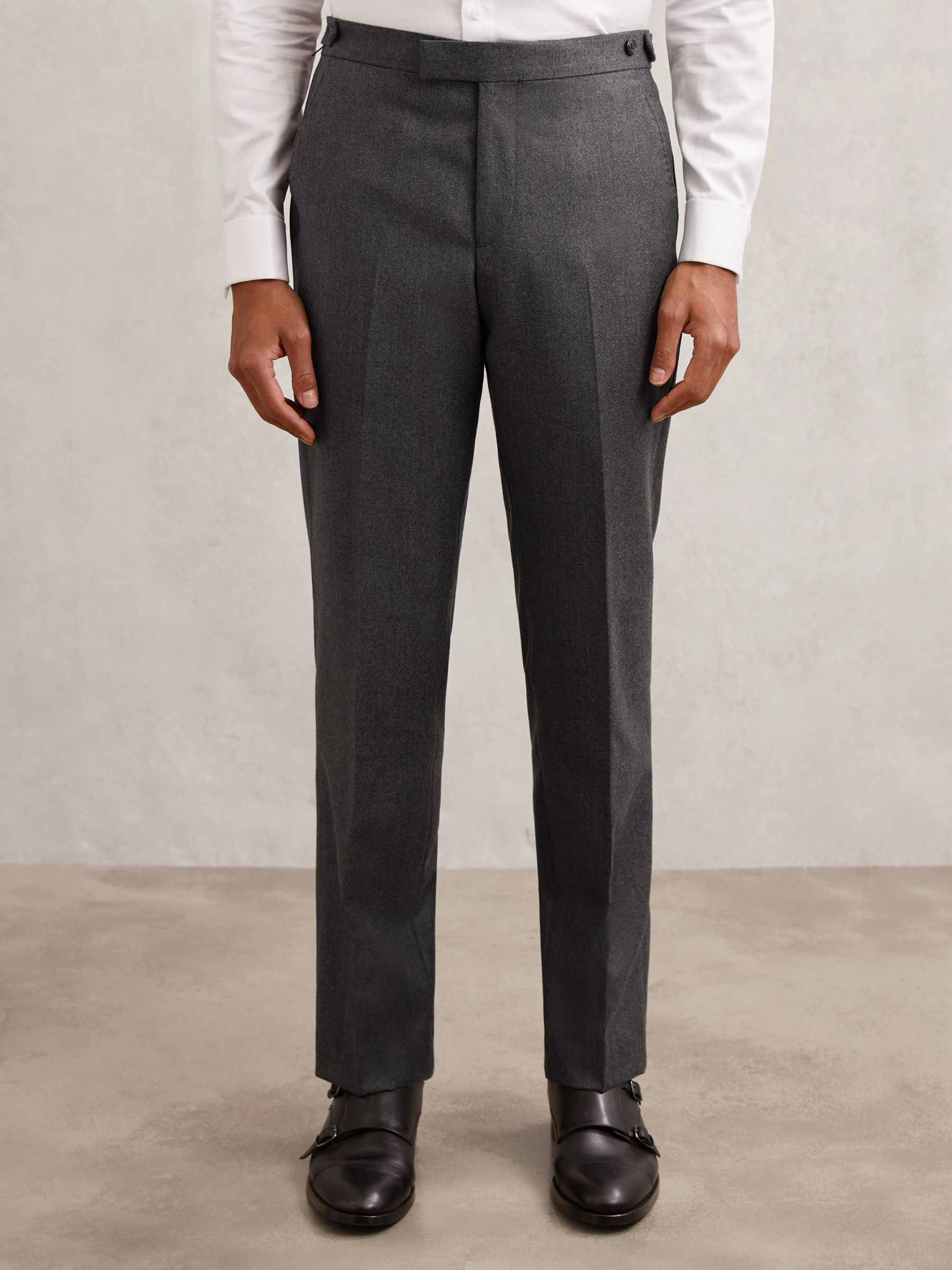 Wool Flannel Tailored-Fit Trousers in Charcoal Grey