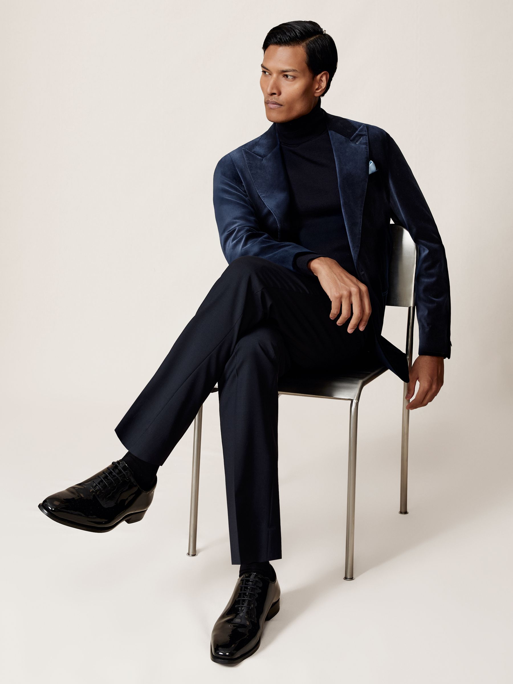 Single-Breasted Velvet Blazer Slim-Fit in Navy