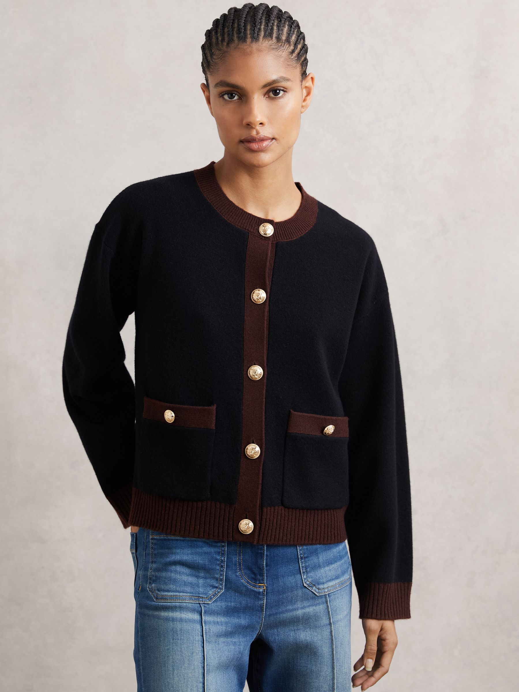 Wool-Cashmere Crew-Neck Cardigan in Burgundy/Black
