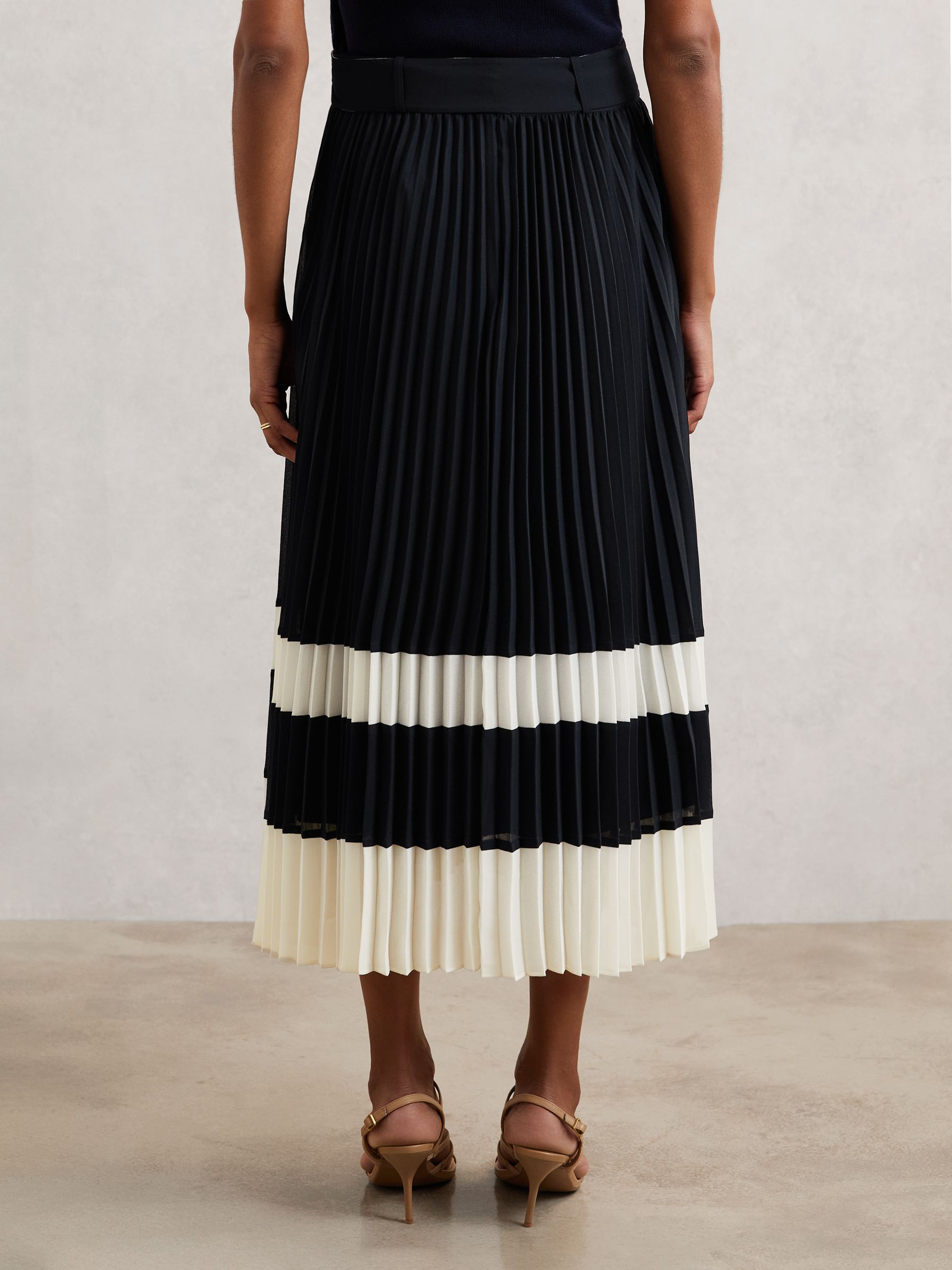 Belted Pleated Midi Skirt in Navy/Ivory