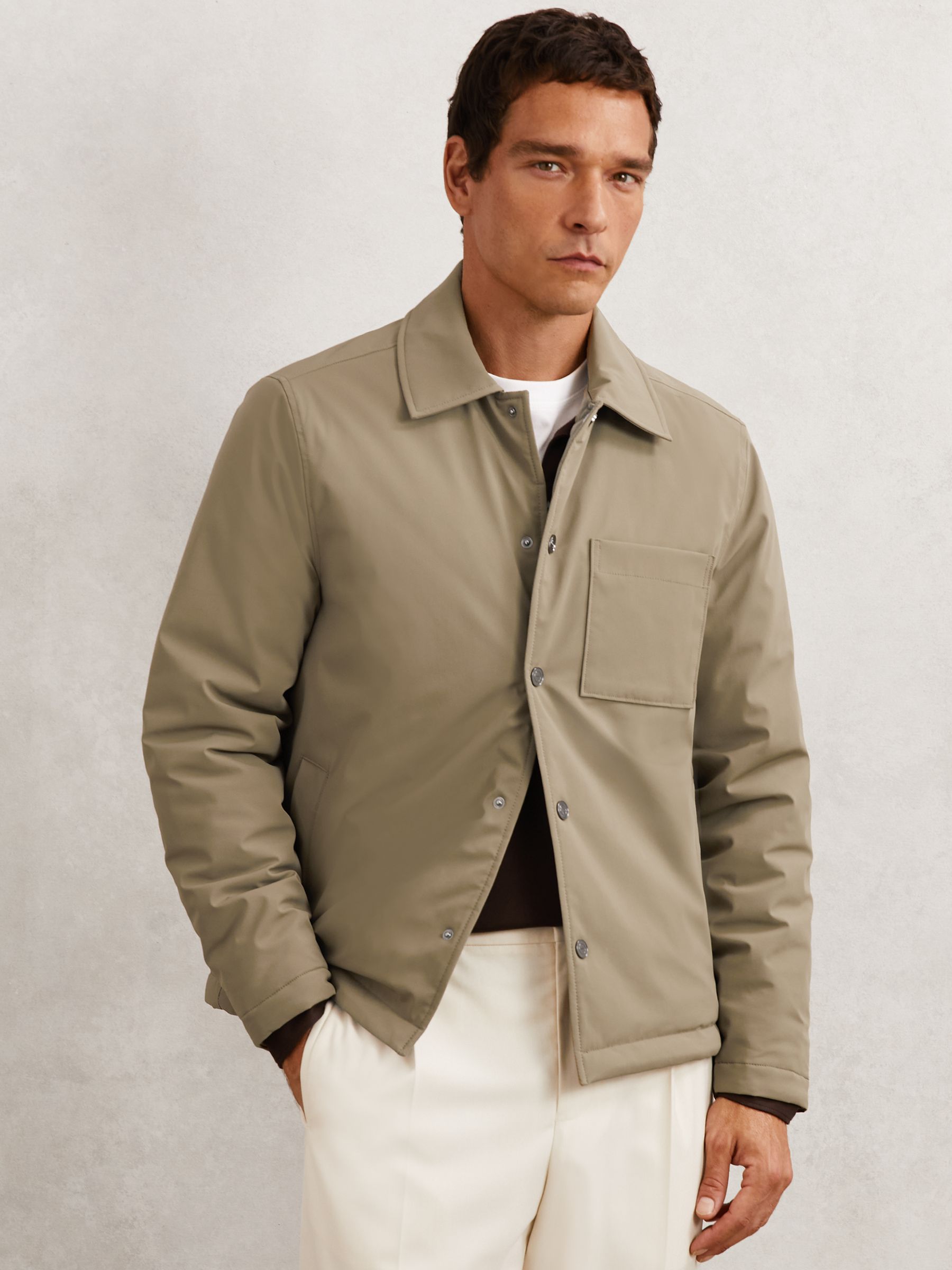 Lightly-Padded Patch-Pocket Overshirt in Olive Green