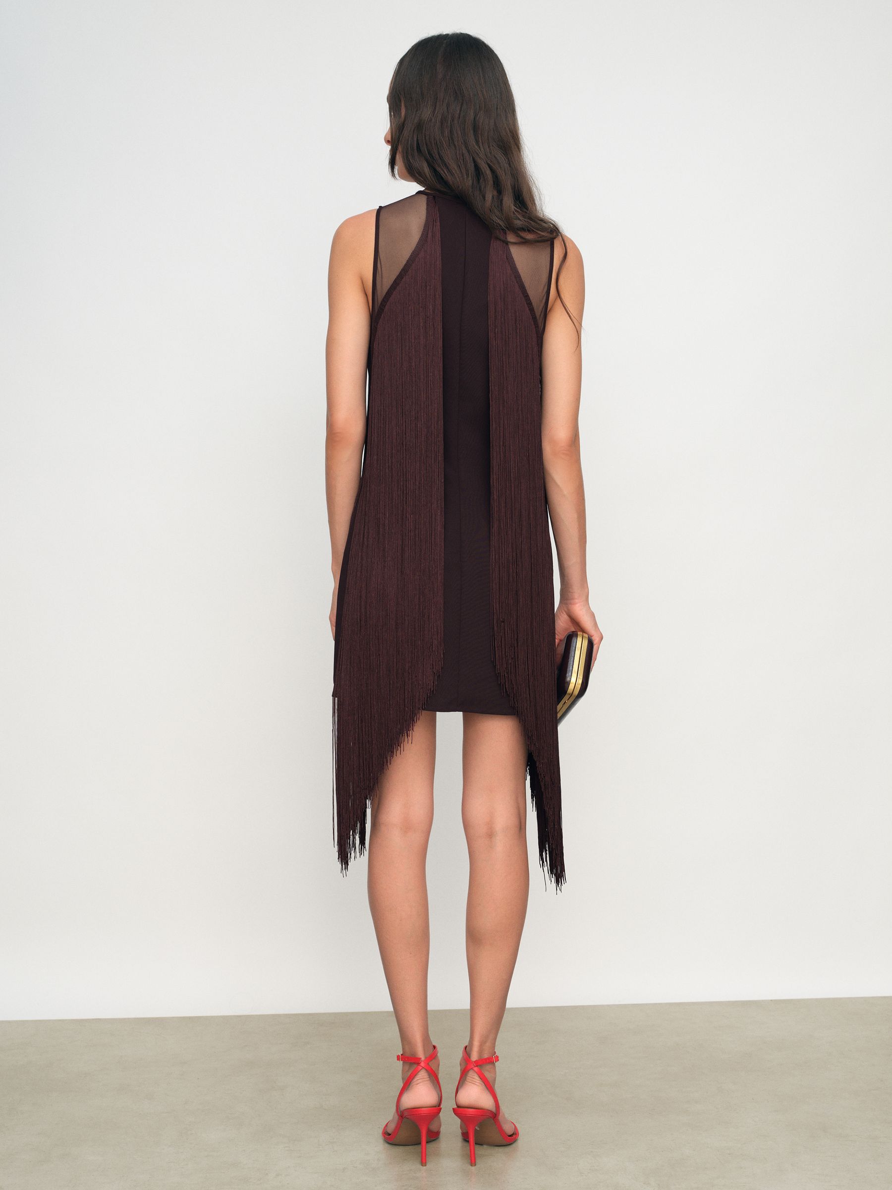 Fringe-Detail Sheer-Panel Mini Dress in Burgundy