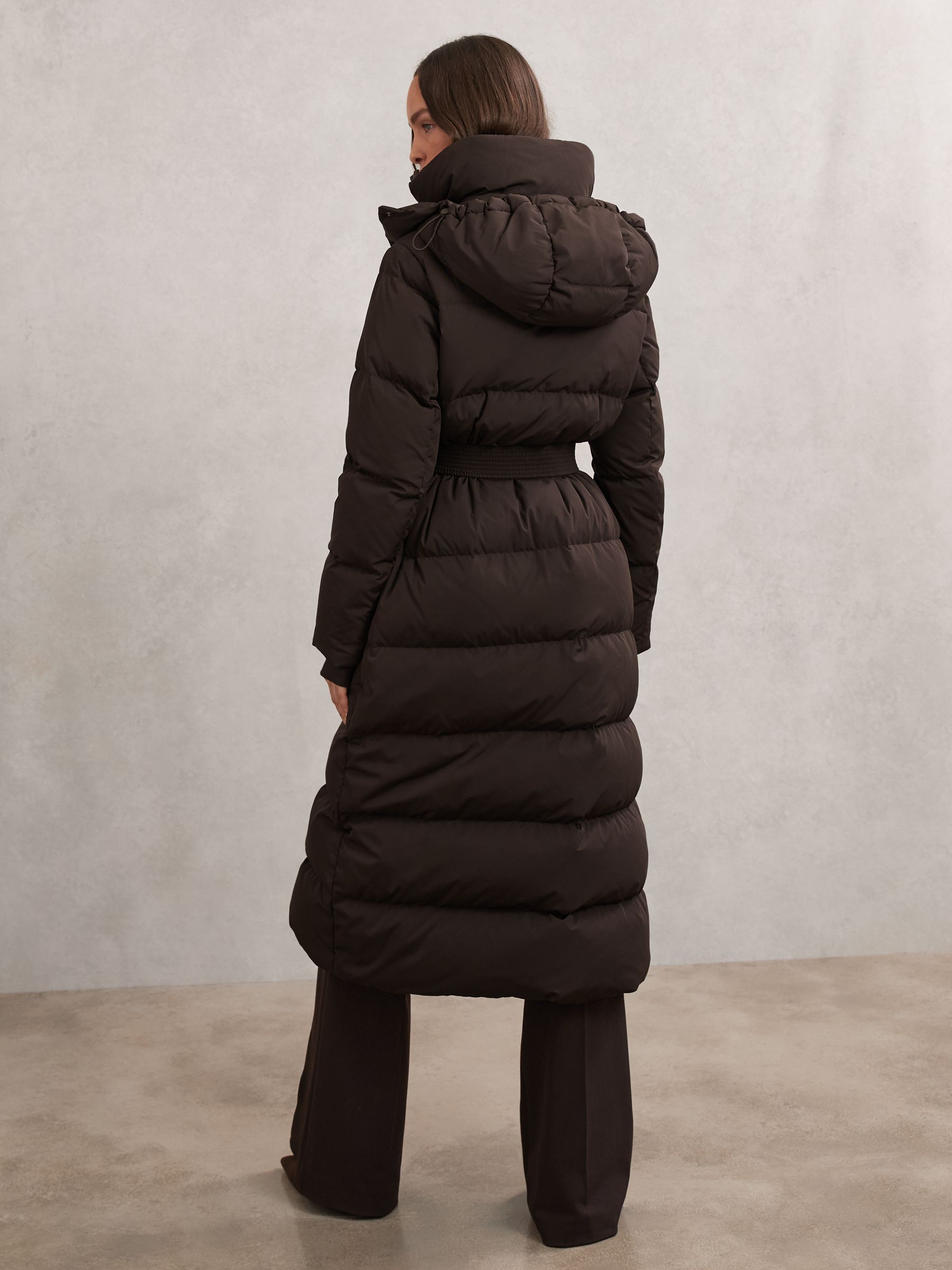 Belted Longline Hooded Puffer Coat in Chocolate Brown
