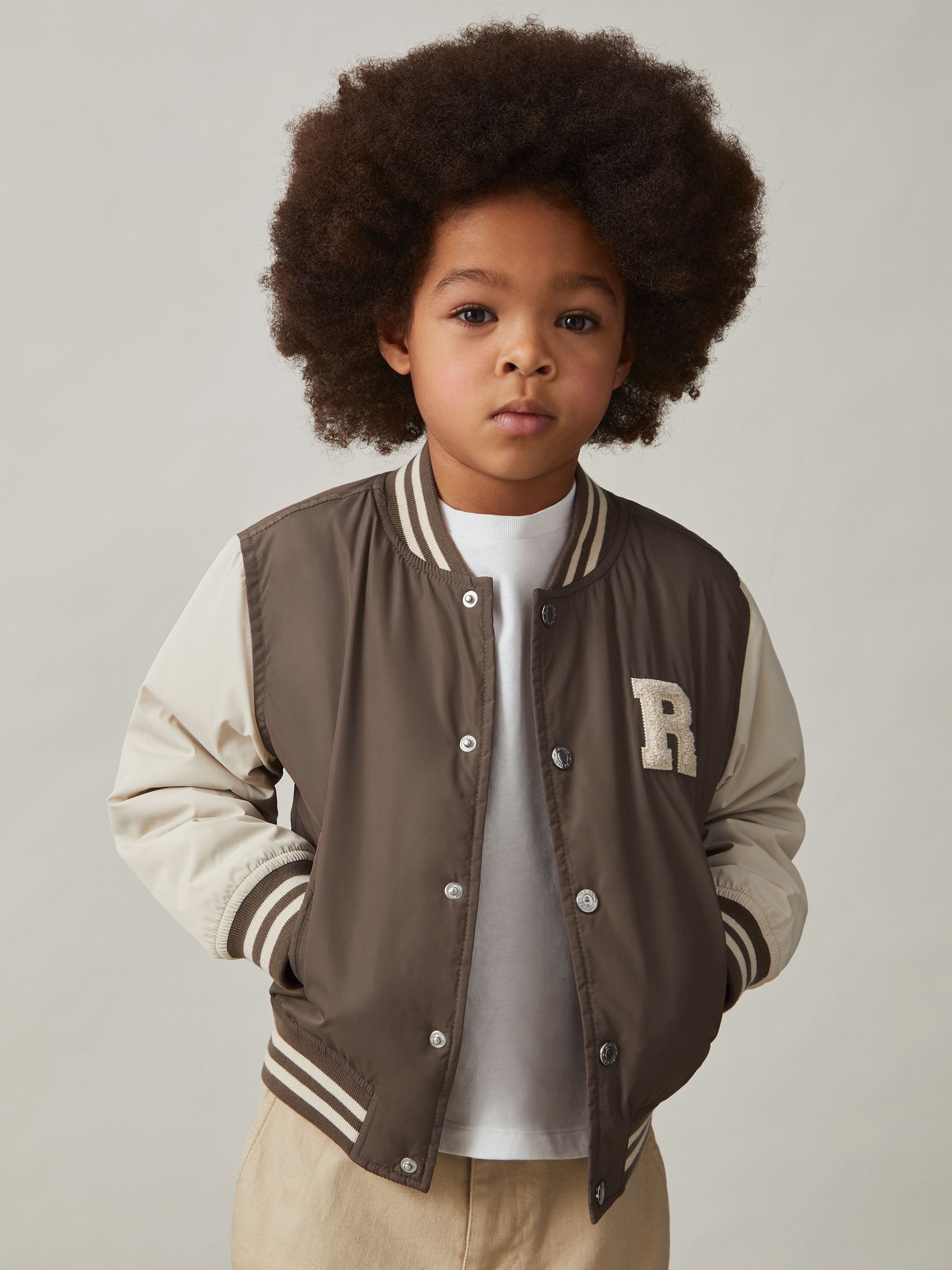 3-9 yrs Colour-Block Varsity Bomber Jacket in Mink Brown/Off White