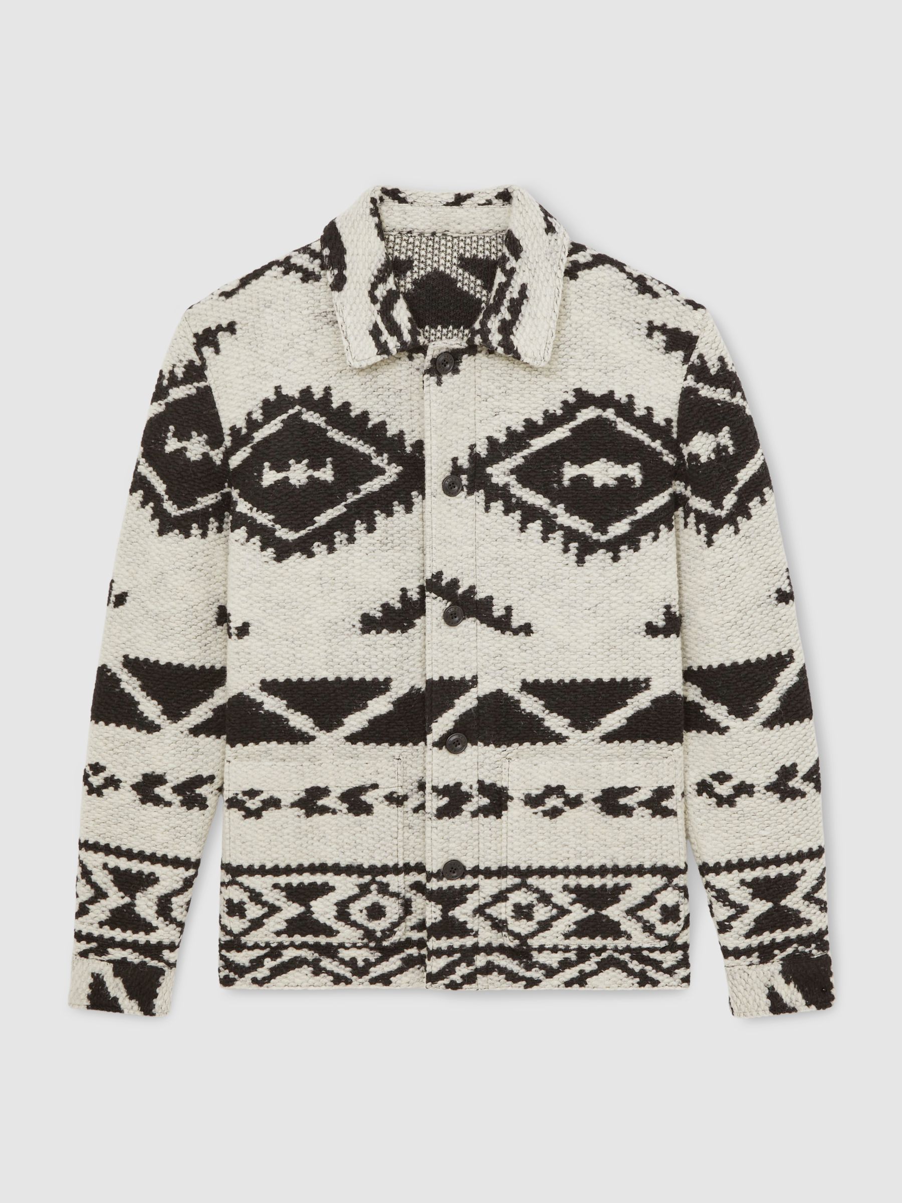 Fair Isle Jacquard Overshirt with Wool in Off White/Black