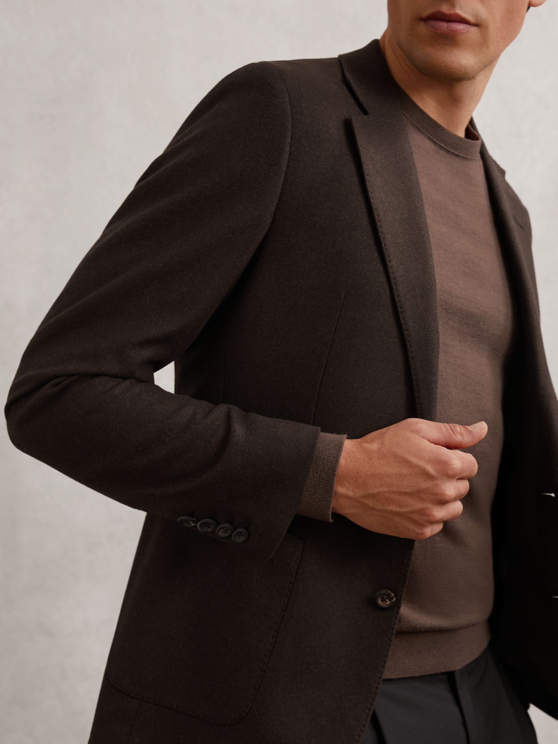 Flannel Slim-Fit Single-Breasted Blazer with Wool in Chocolate Brown