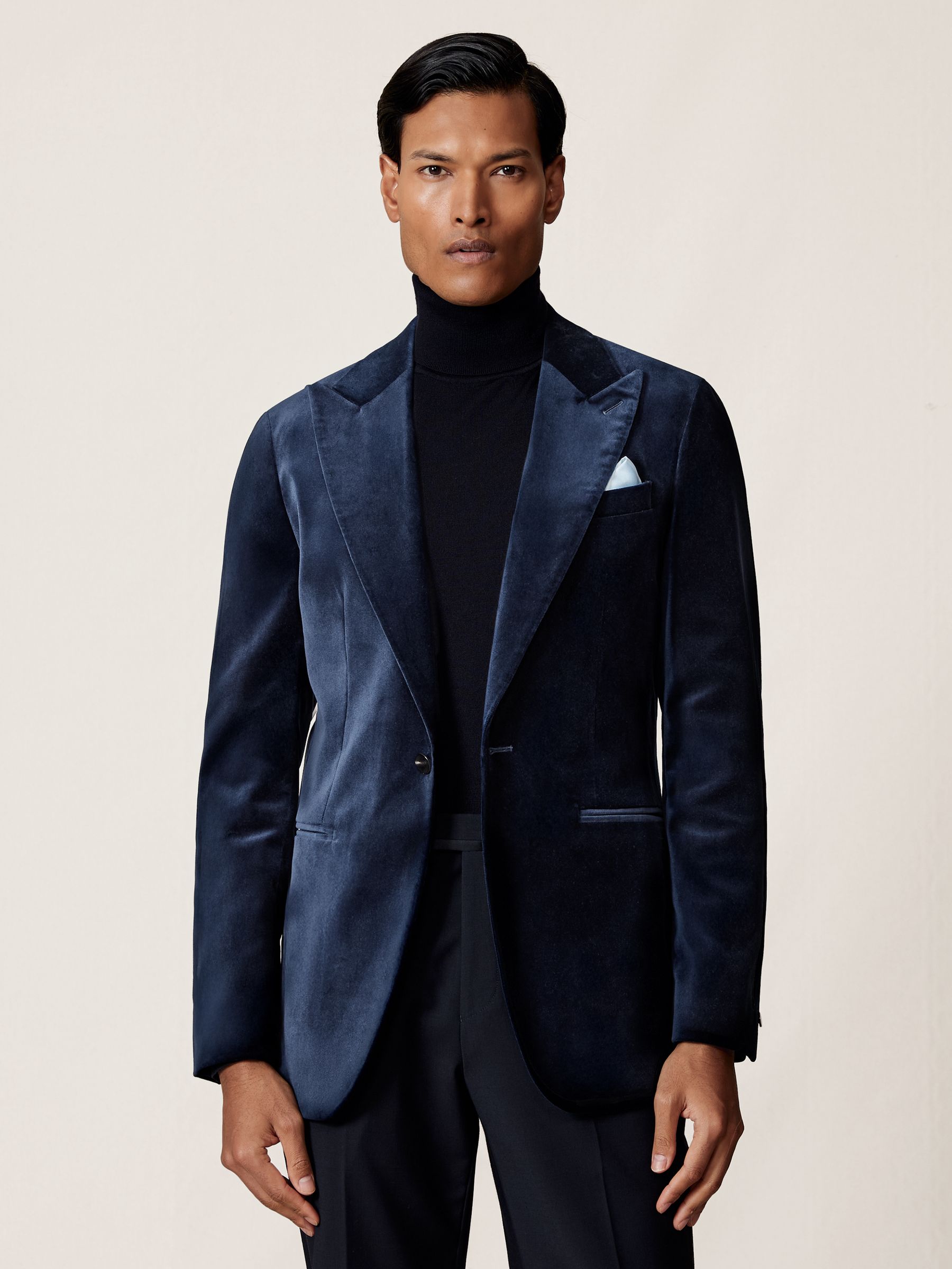 Single-Breasted Velvet Blazer Slim-Fit in Navy