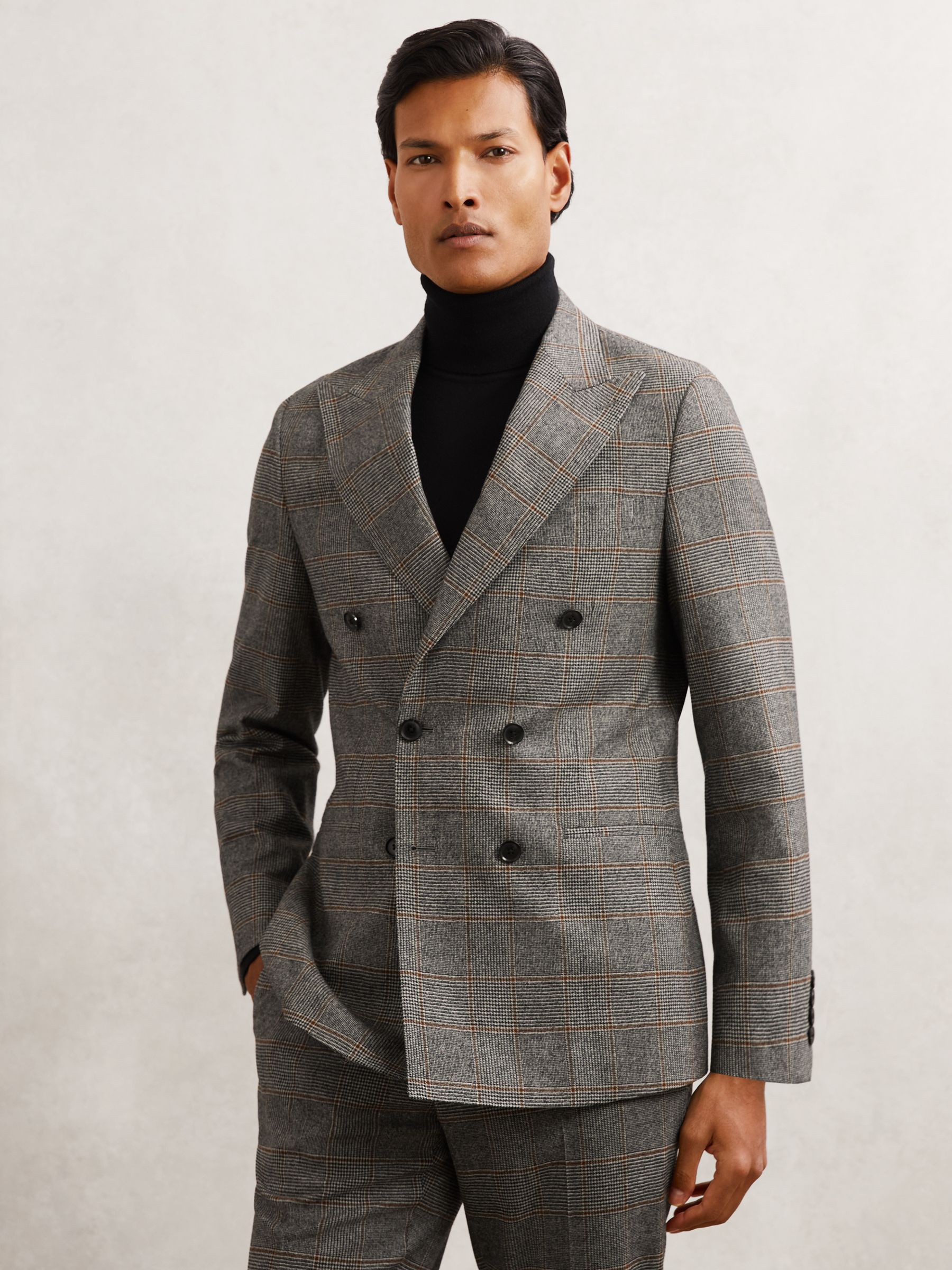 Wool Double-Breasted Check Suit Blazer Tailored-Fit in Charcoal Grey