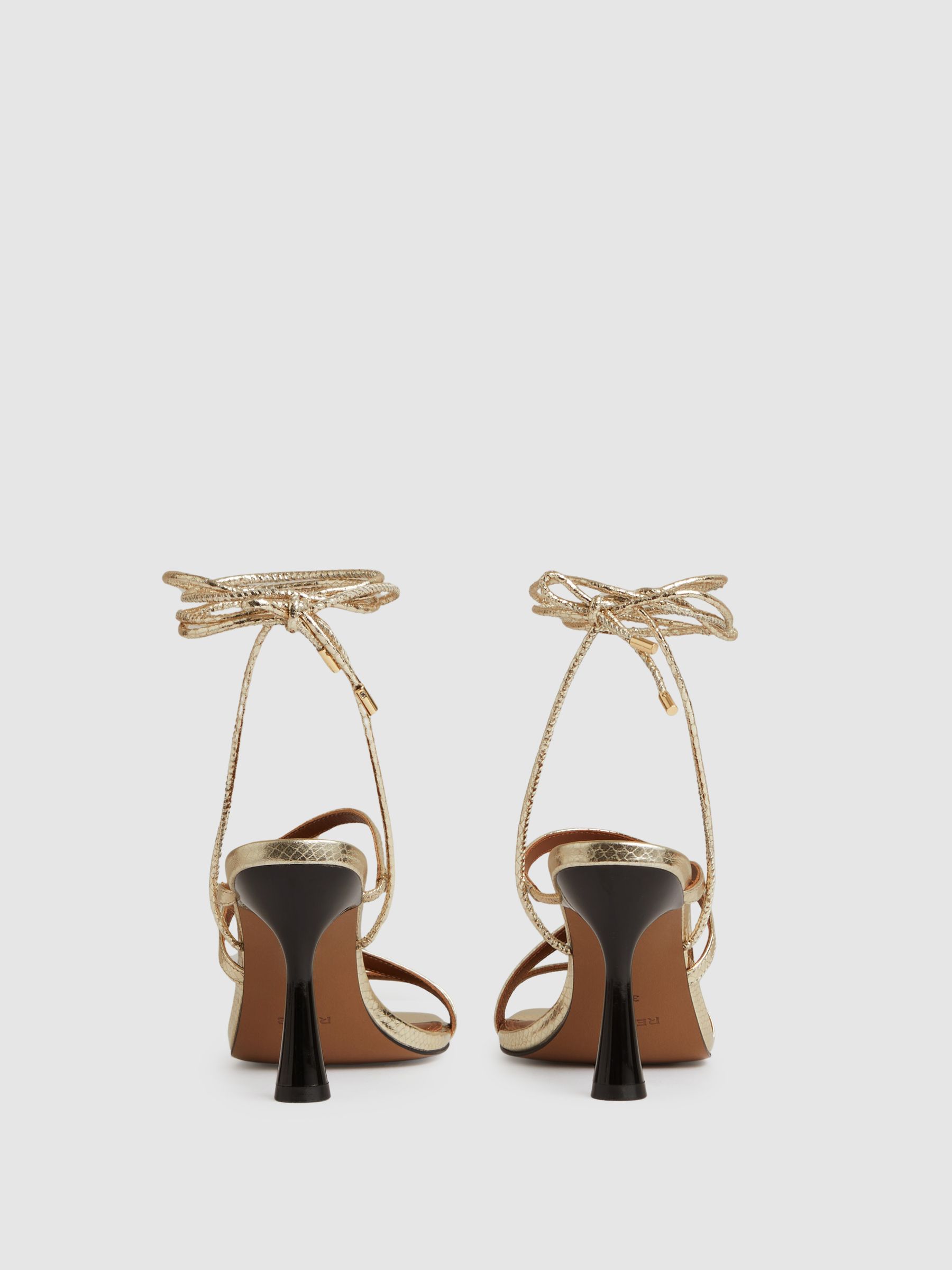 Leather Metallic Strappy Heeled Sandals in Gold