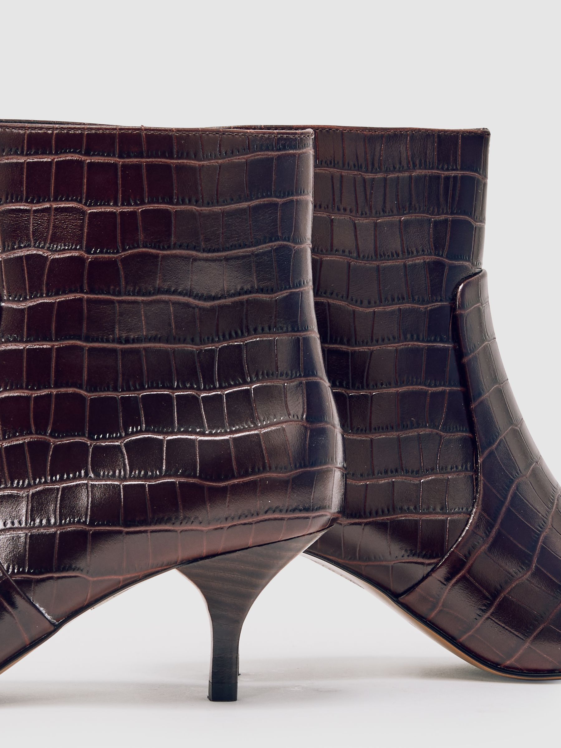 Leather Crocodile-Effect Ankle Boots in Burgundy