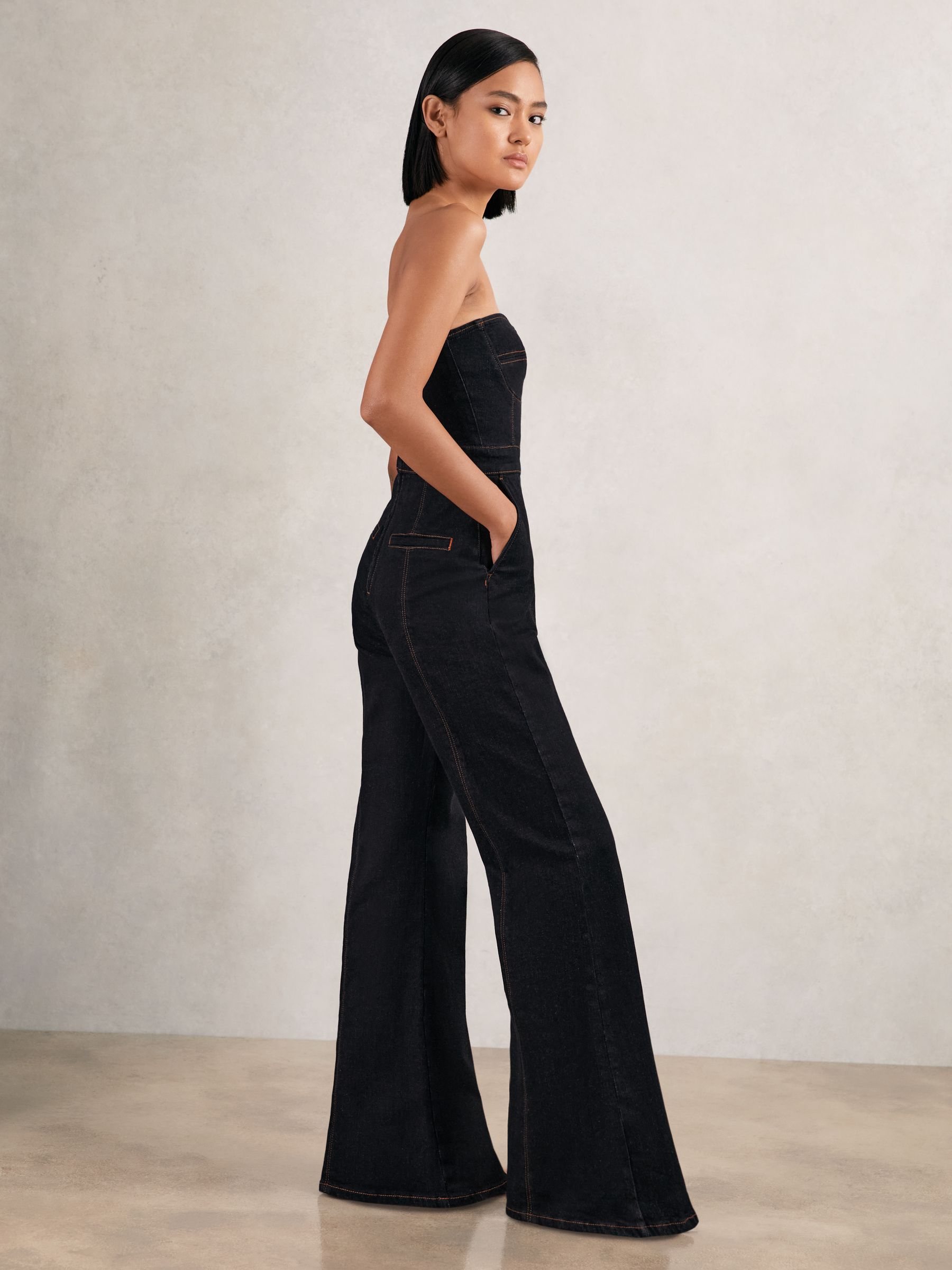 Strapless Wide Leg Denim Jumpsuit in Indigo Blue