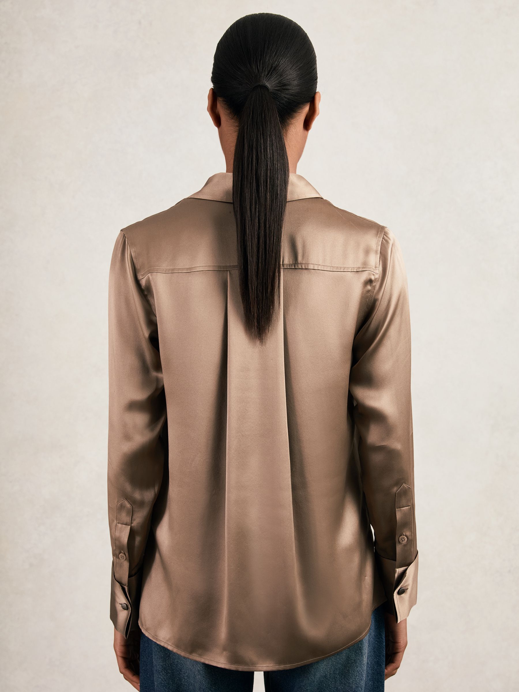 Silk-Satin Concealed-Placket Shirt in Taupe Brown
