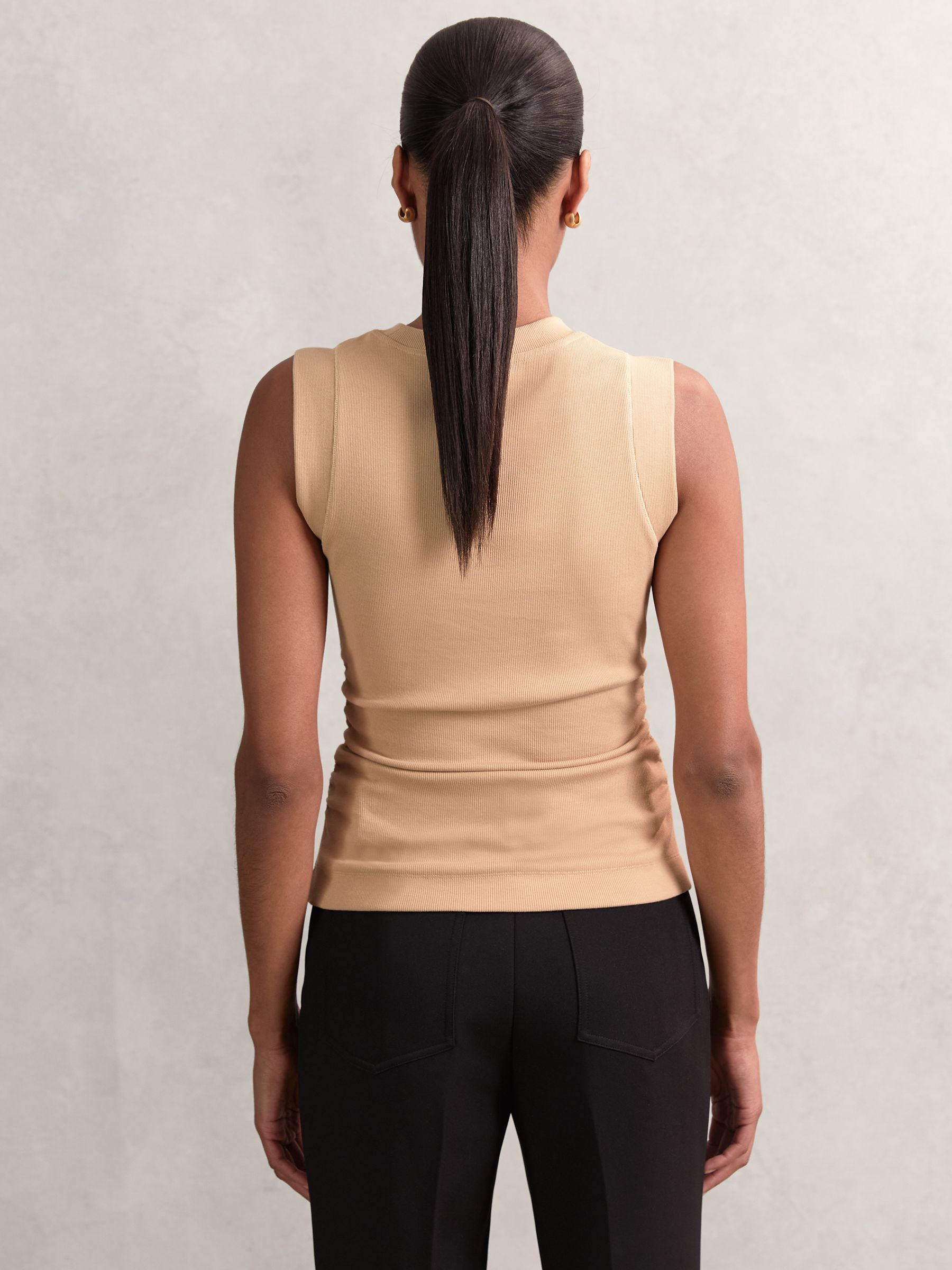 Fine-Rib Ruched Vest Top in Camel