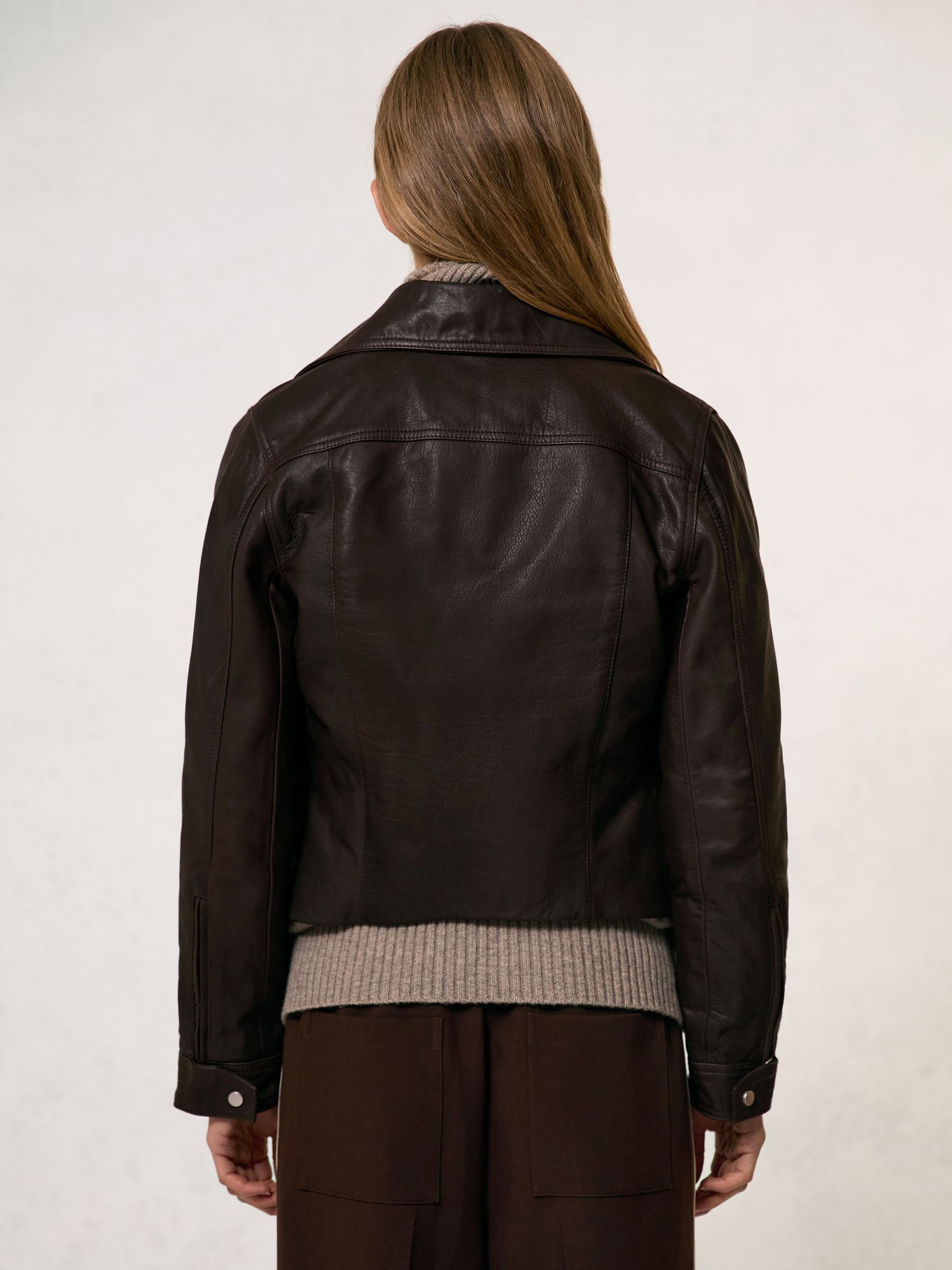 Suede-Lapel Leather Biker Jacket in Chocolate Brown
