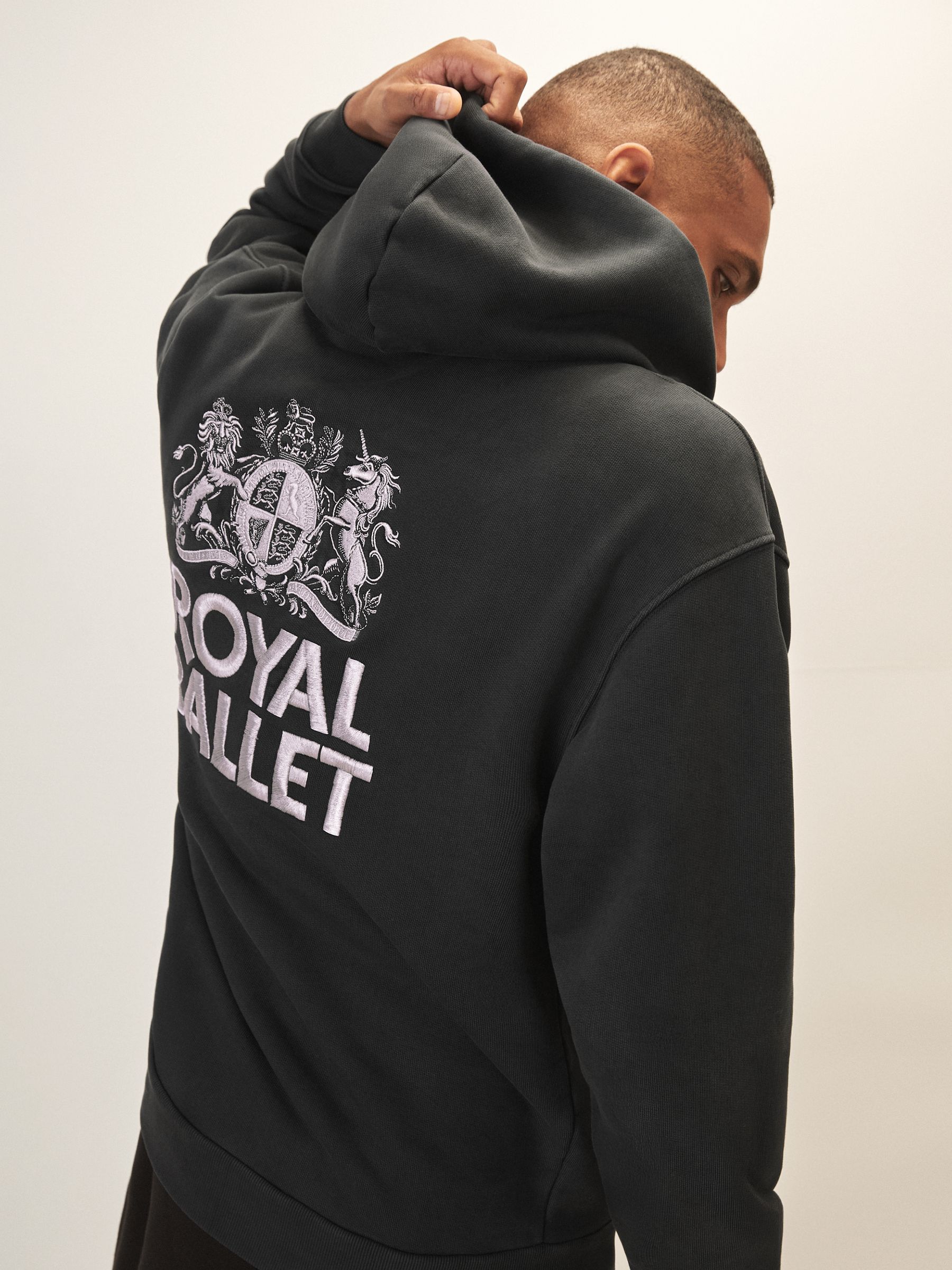 Reiss | Royal Ballet Logo Hoodie Unisex Fit in Washed Black