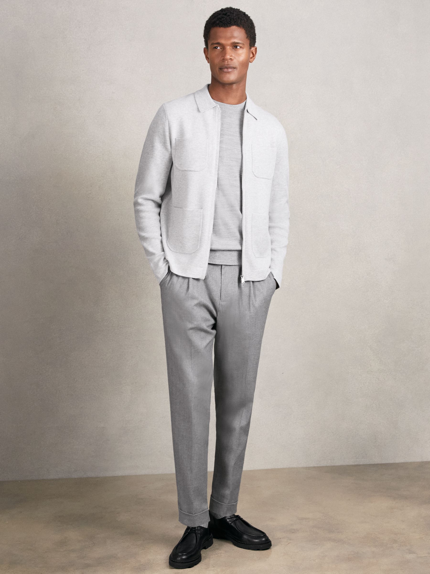 Four-Pocket Zip-Through Cardigan in Soft Grey
