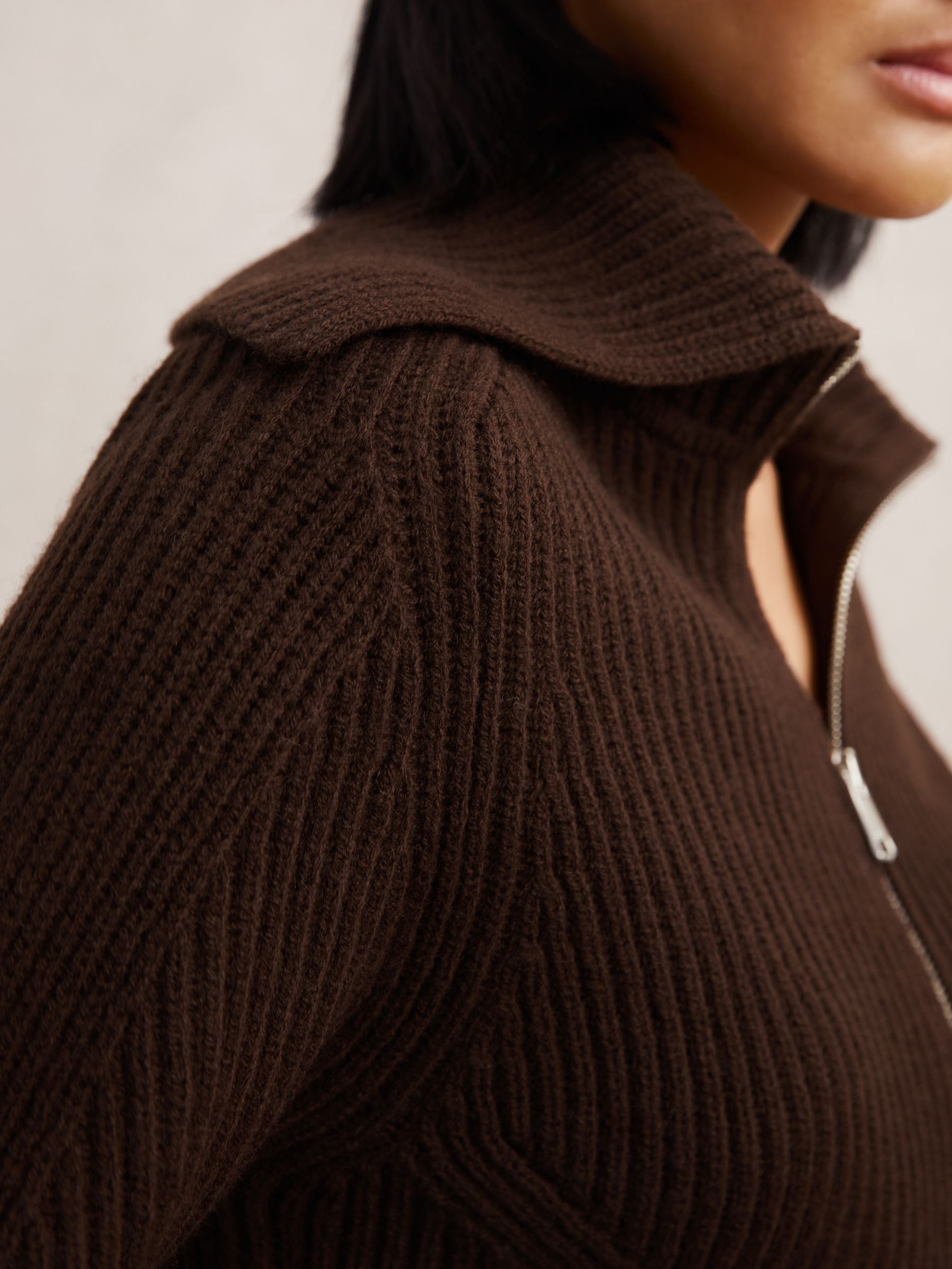 Wool Zip-Through Rib-Knit Cardigan in Chocolate Brown