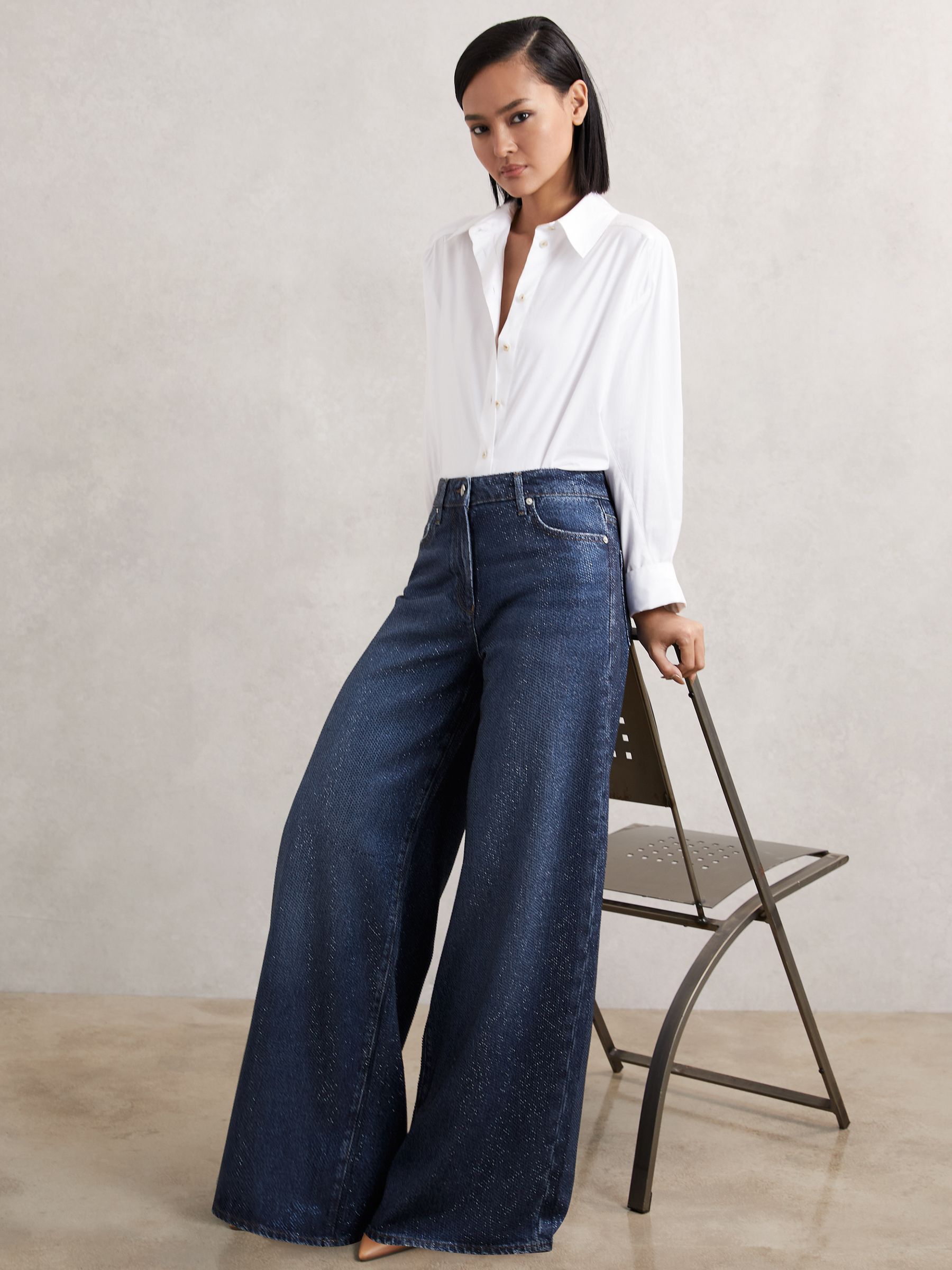 Petite Wide-Leg Crystal-Embellished Jeans in Dark Blue