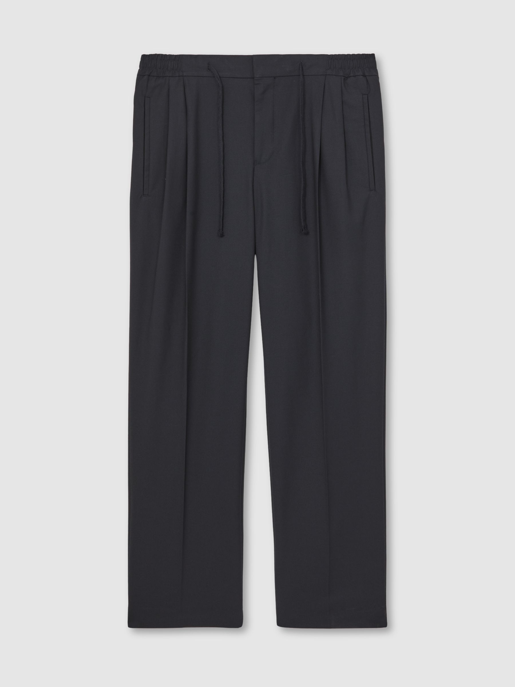 Wide Leg Pleated Drawstring Trousers in Navy