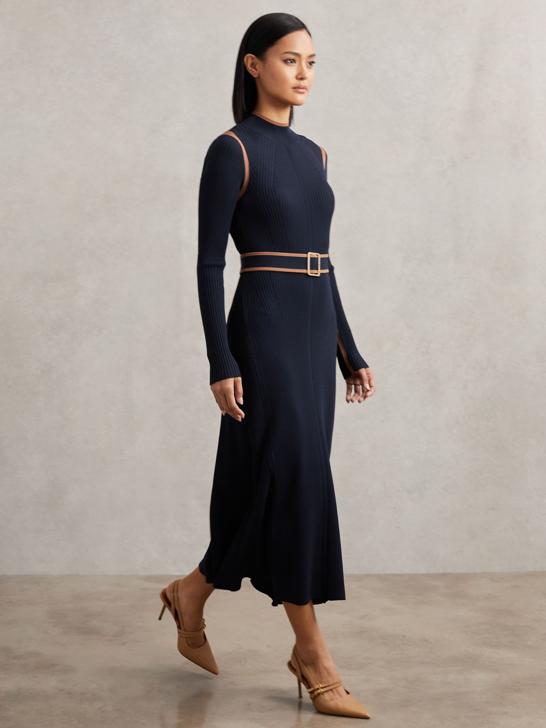 Colourblock Rib-Knit Midi Dress in Navy/Camel
