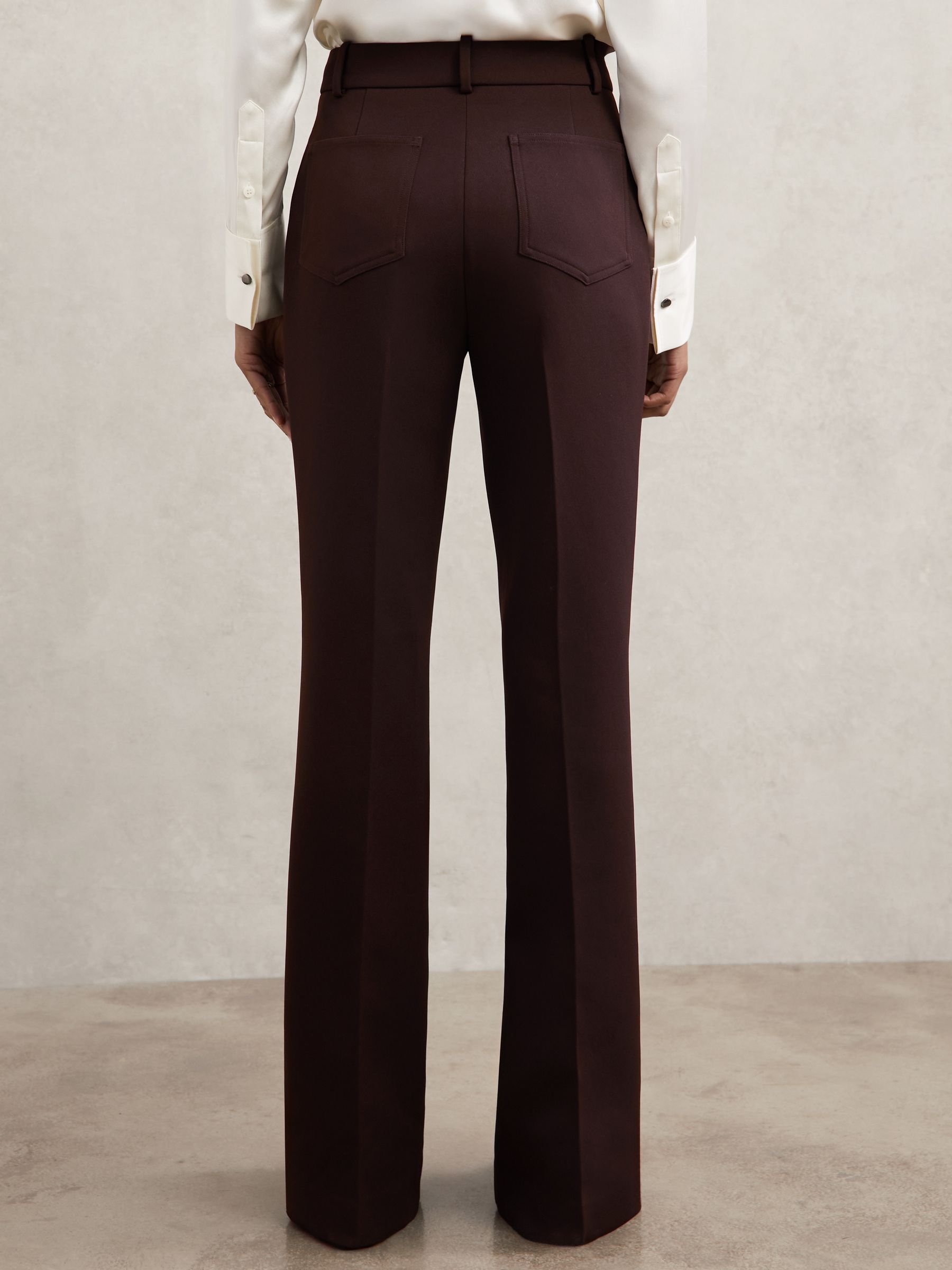 Petite Twill Patch-Pocket Flared Trousers in Chocolate Brown