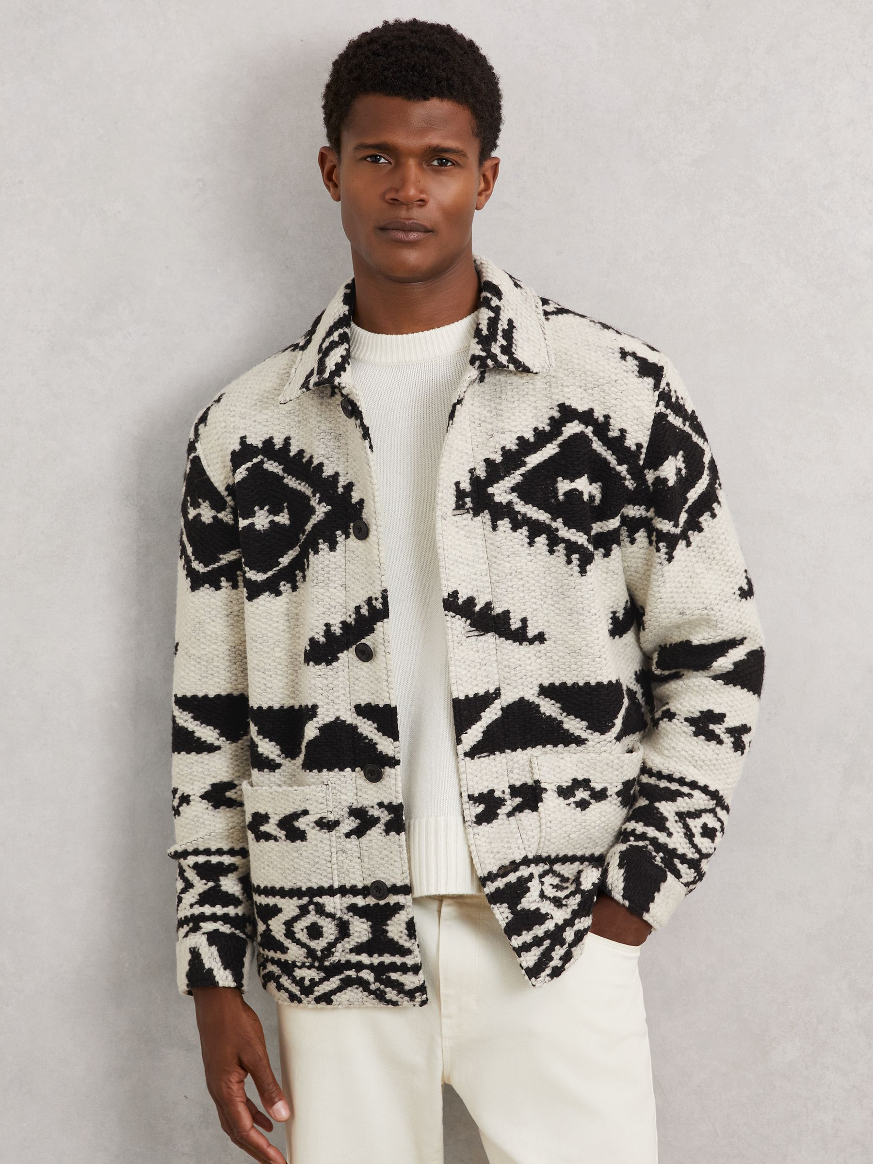 Fair Isle Jacquard Overshirt with Wool in Off White/Black