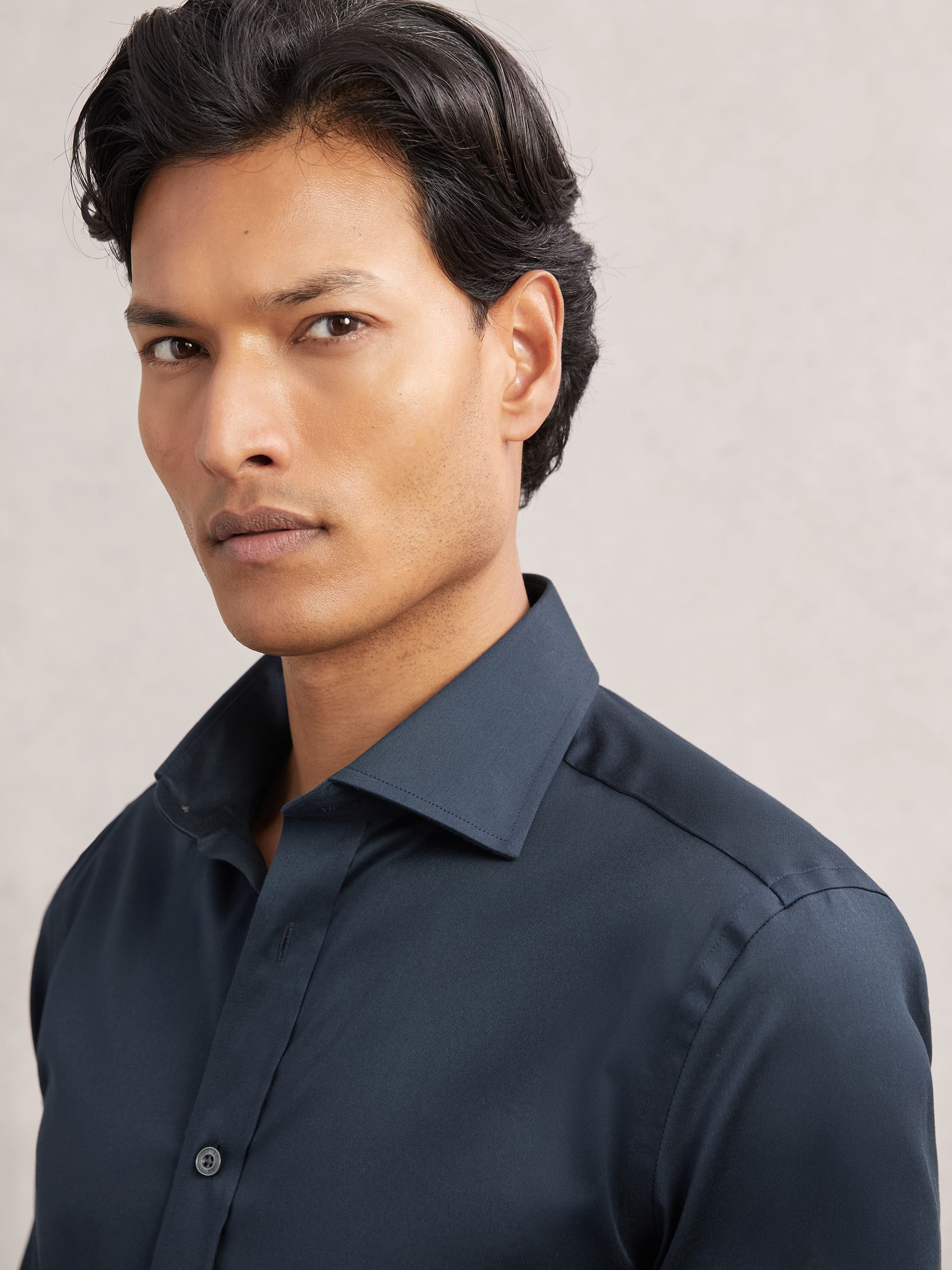 Slim Fit Stretch Double-Cuff Shirt Cotton-Blend in Navy