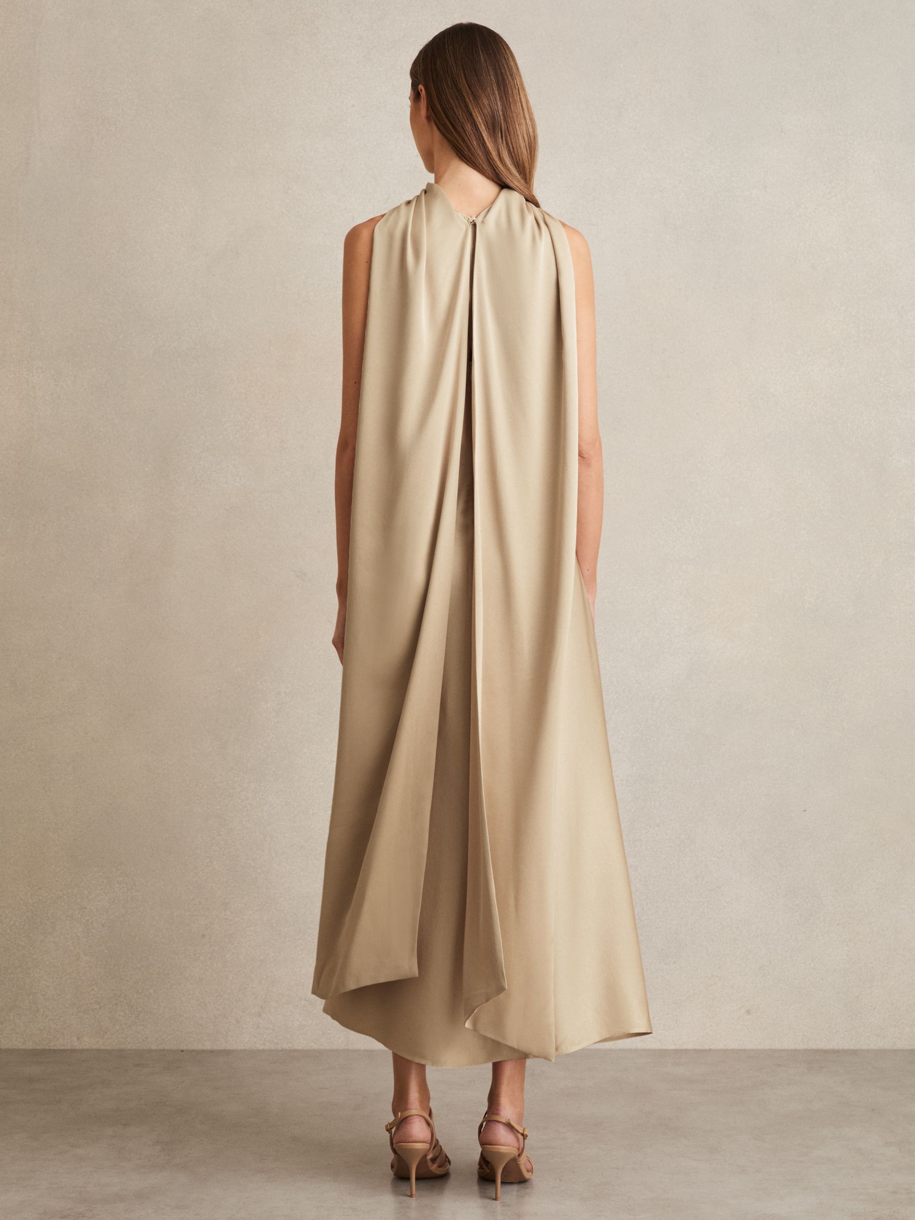 Satin Tuck-Detail Cape Midi Dress in Champagne Neutral