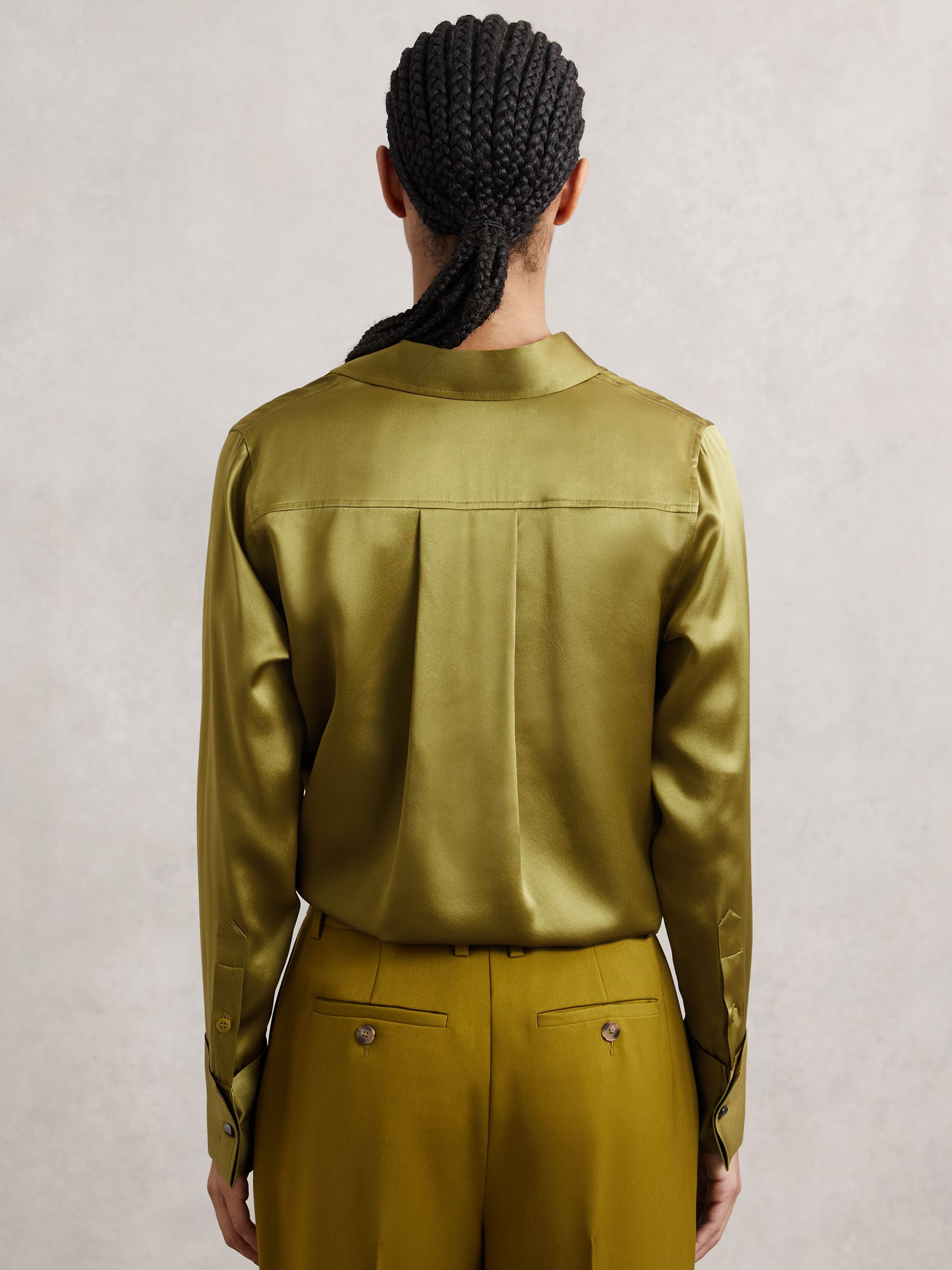 Silk-Satin Concealed-Placket Shirt in Light Green