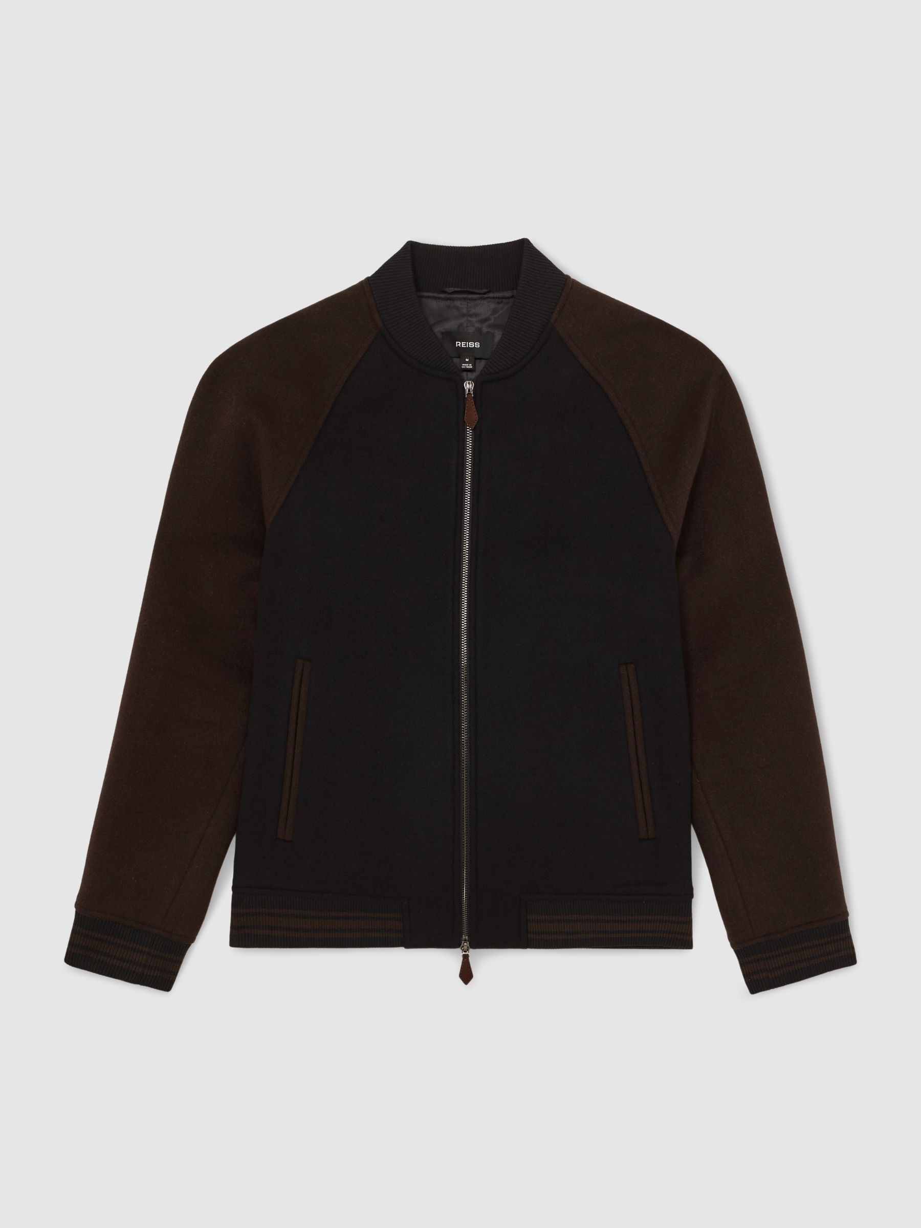 Wool-Blend Colour-Block Bomber Jacket in Navy/Brown